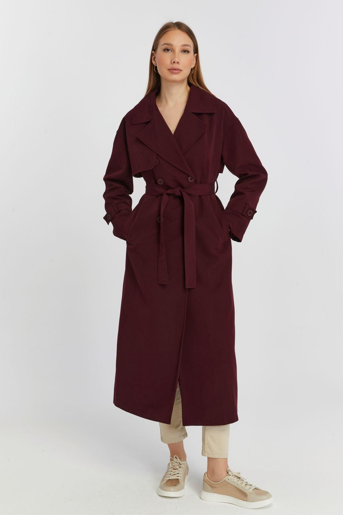 Bordo Oversize Rüzgarlık Detaylı Trençkot