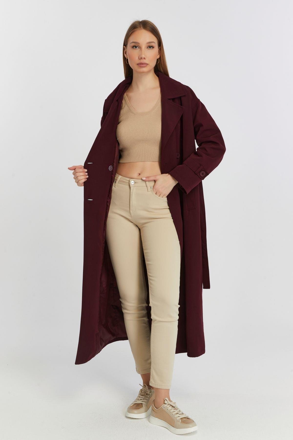 Bordo Oversize Rüzgarlık Detaylı Trençkot