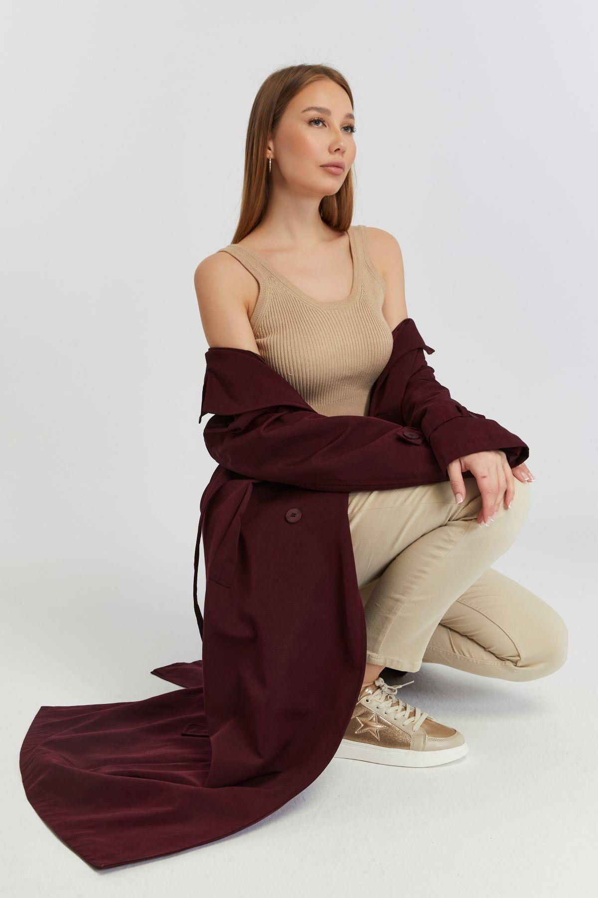 Bordo Oversize Rüzgarlık Detaylı Trençkot