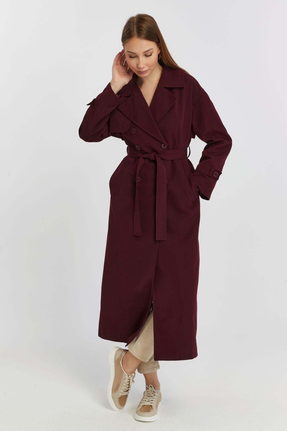 Bordo Oversize Rüzgarlık Detaylı Trençkot