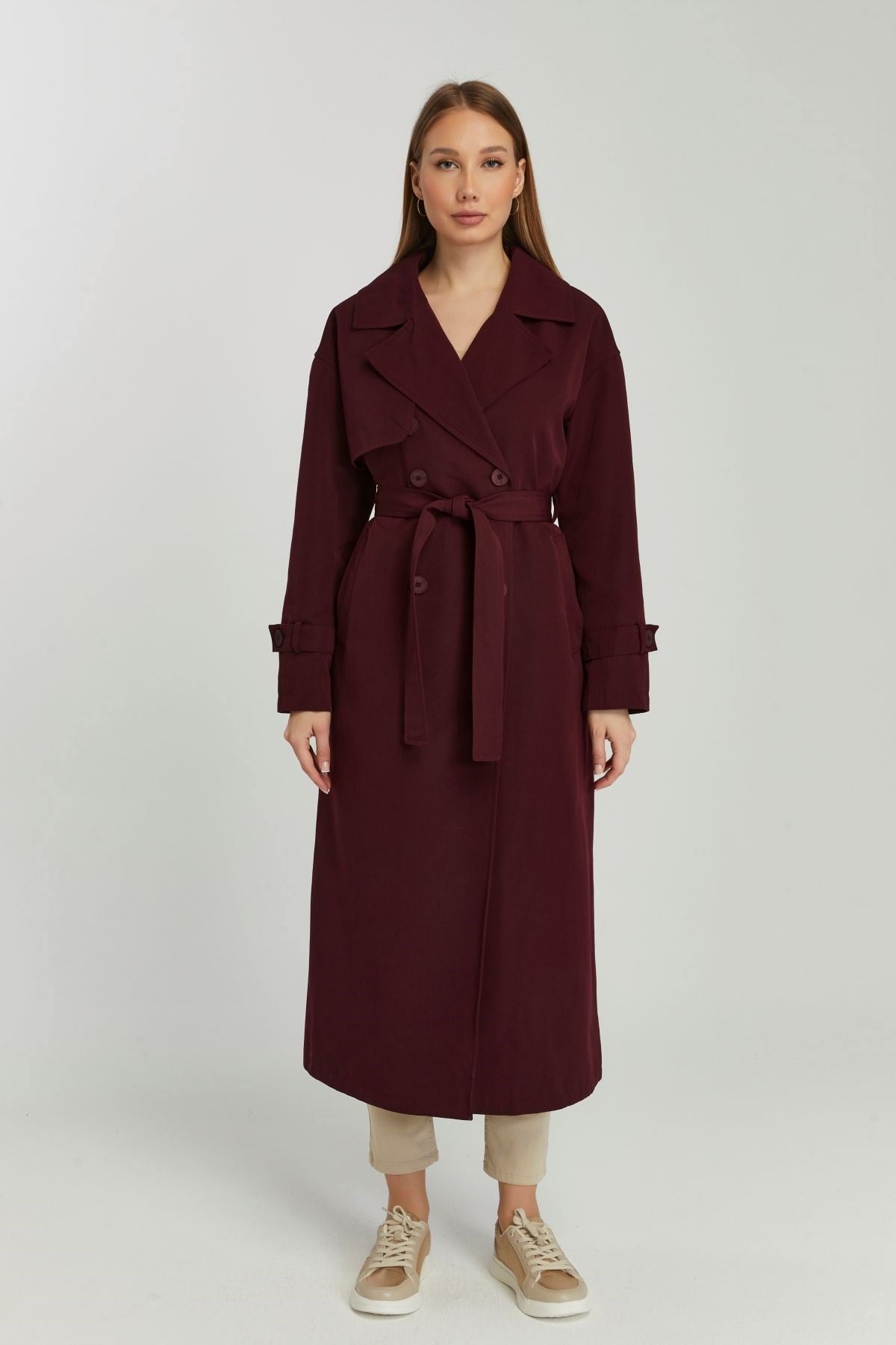 Bordo Oversize Rüzgarlık Detaylı Trençkot