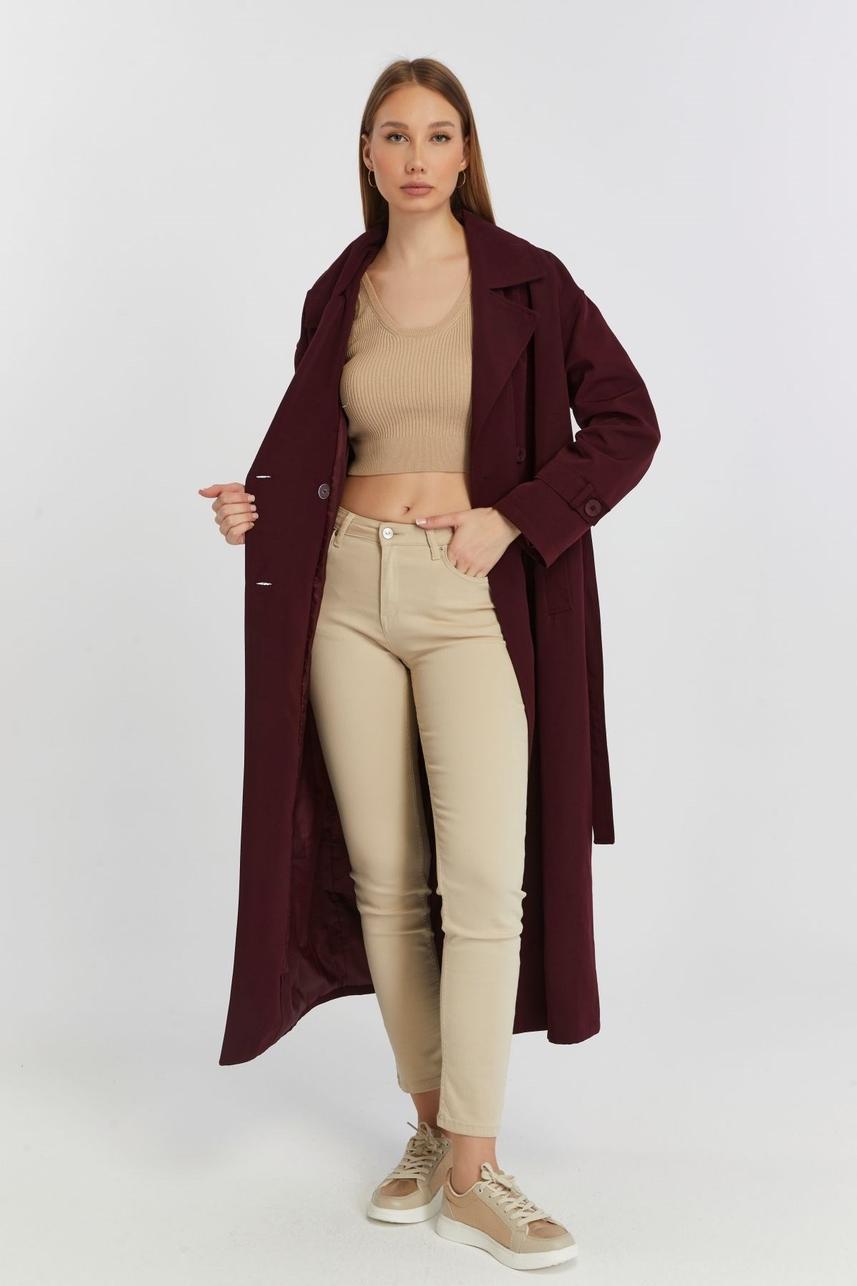 Bordo Oversize Rüzgarlık Detaylı Trençkot