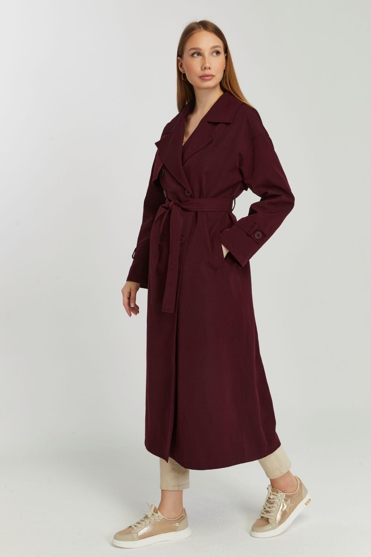 Bordo Oversize Rüzgarlık Detaylı Trençkot
