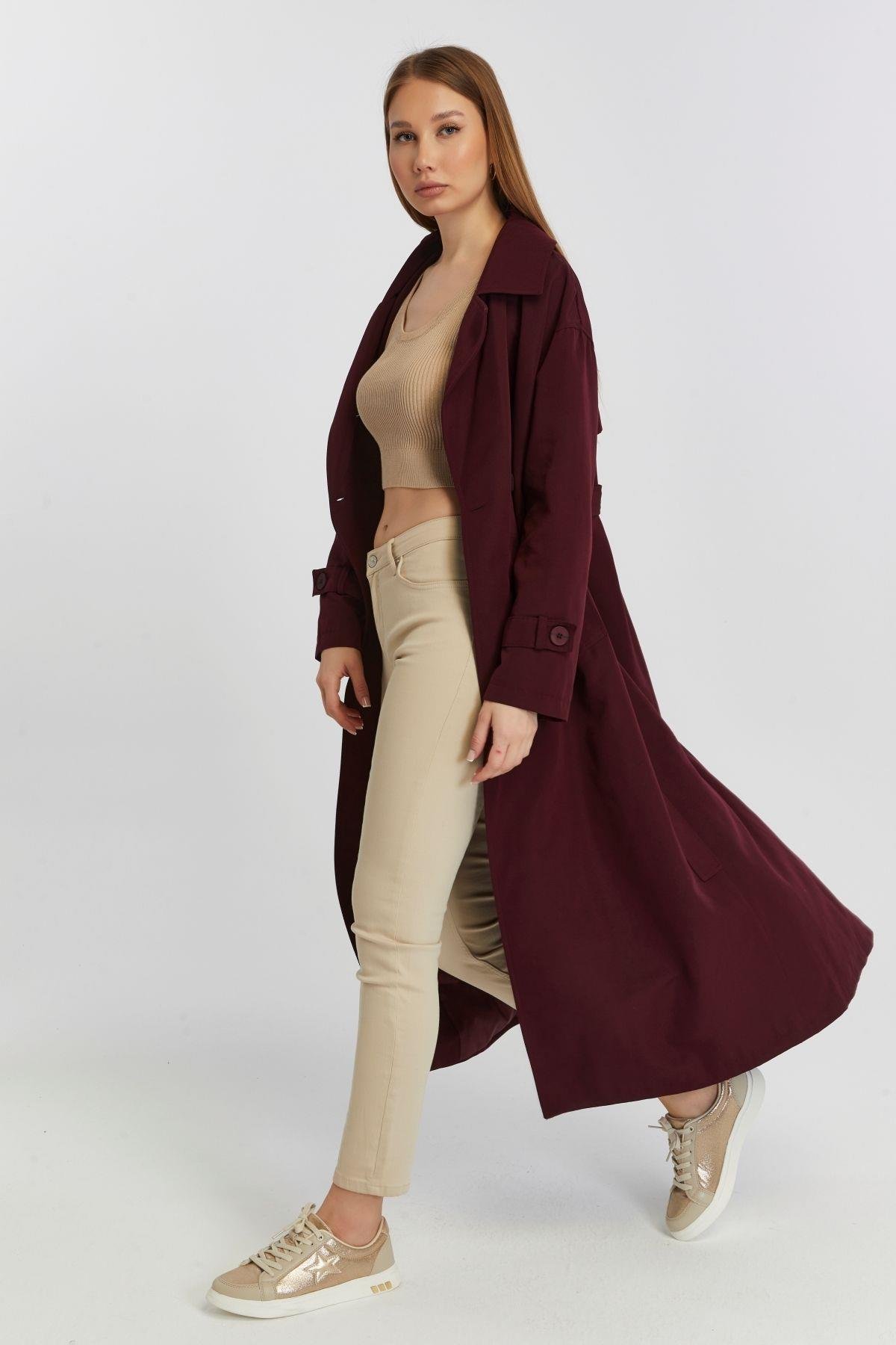 Bordo Oversize Rüzgarlık Detaylı Trençkot