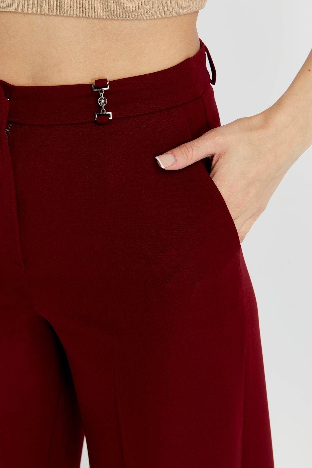 Bordo Palazzo Geniş Paça Dokuma Kumaş Pantolon