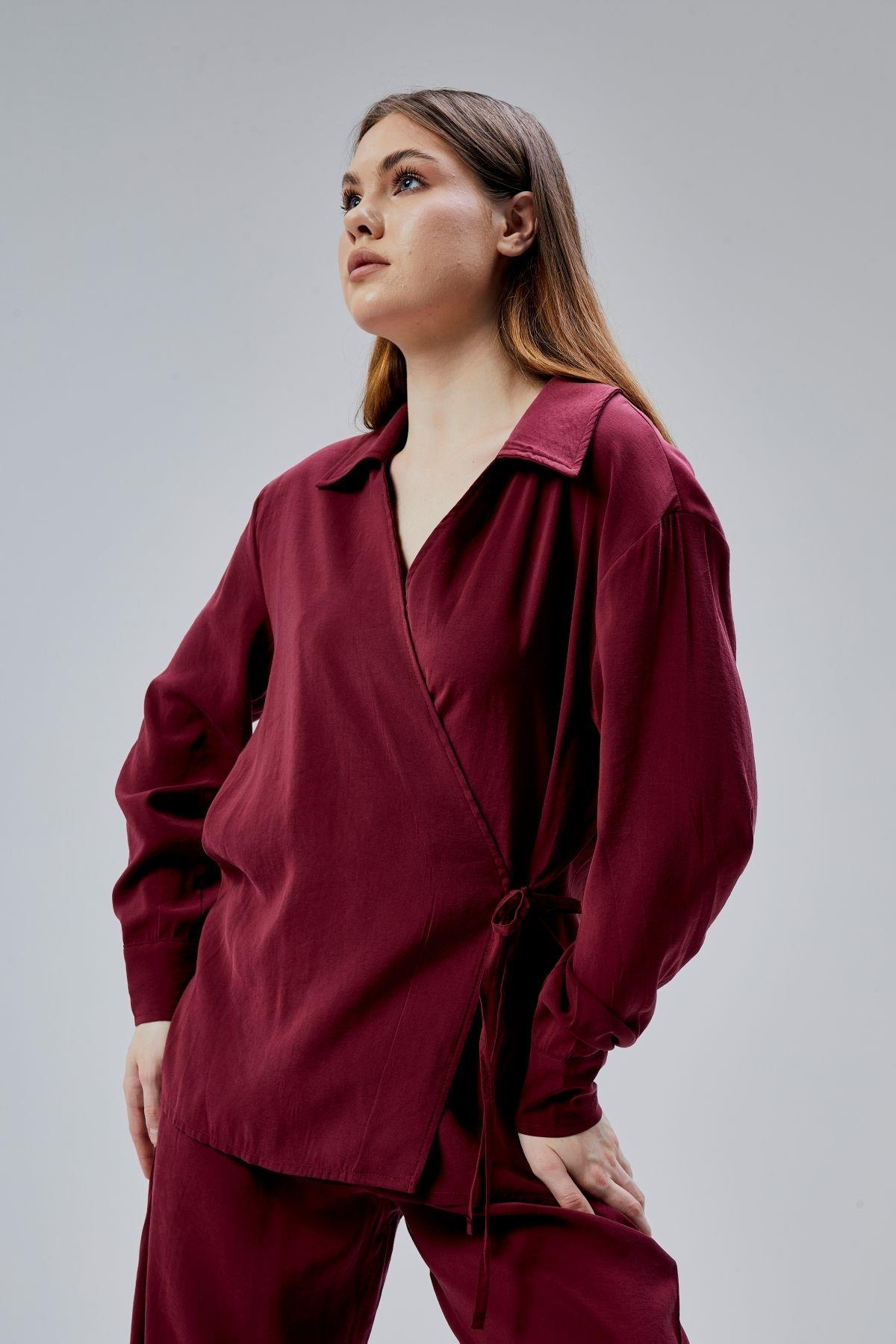 Bordo Regular Bağlama Detaylı Gömlek