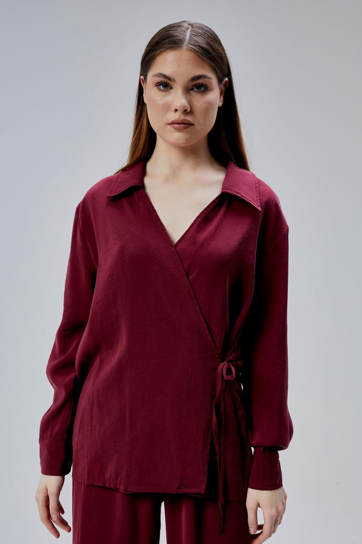 Bordo Regular Bağlama Detaylı Gömlek