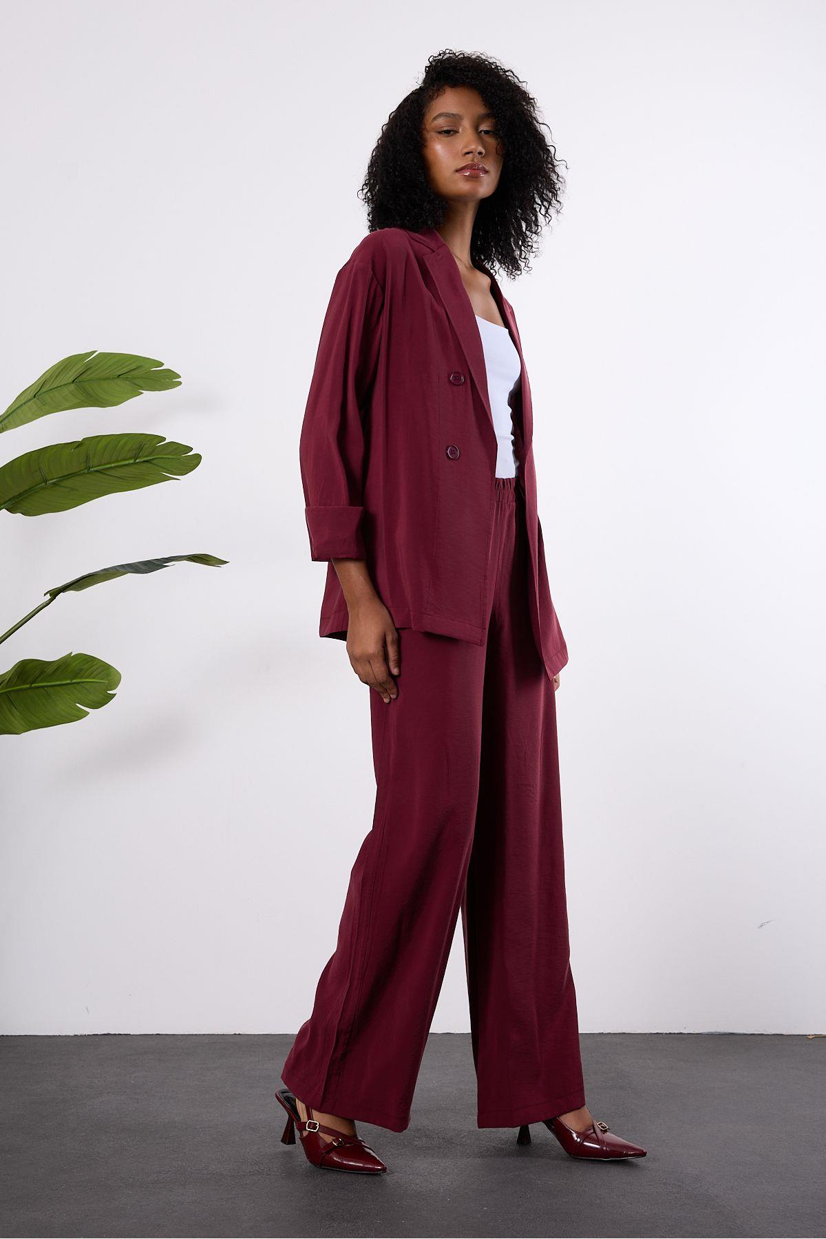 Bordo Regular Beli Lastikli Salaş Pantolon