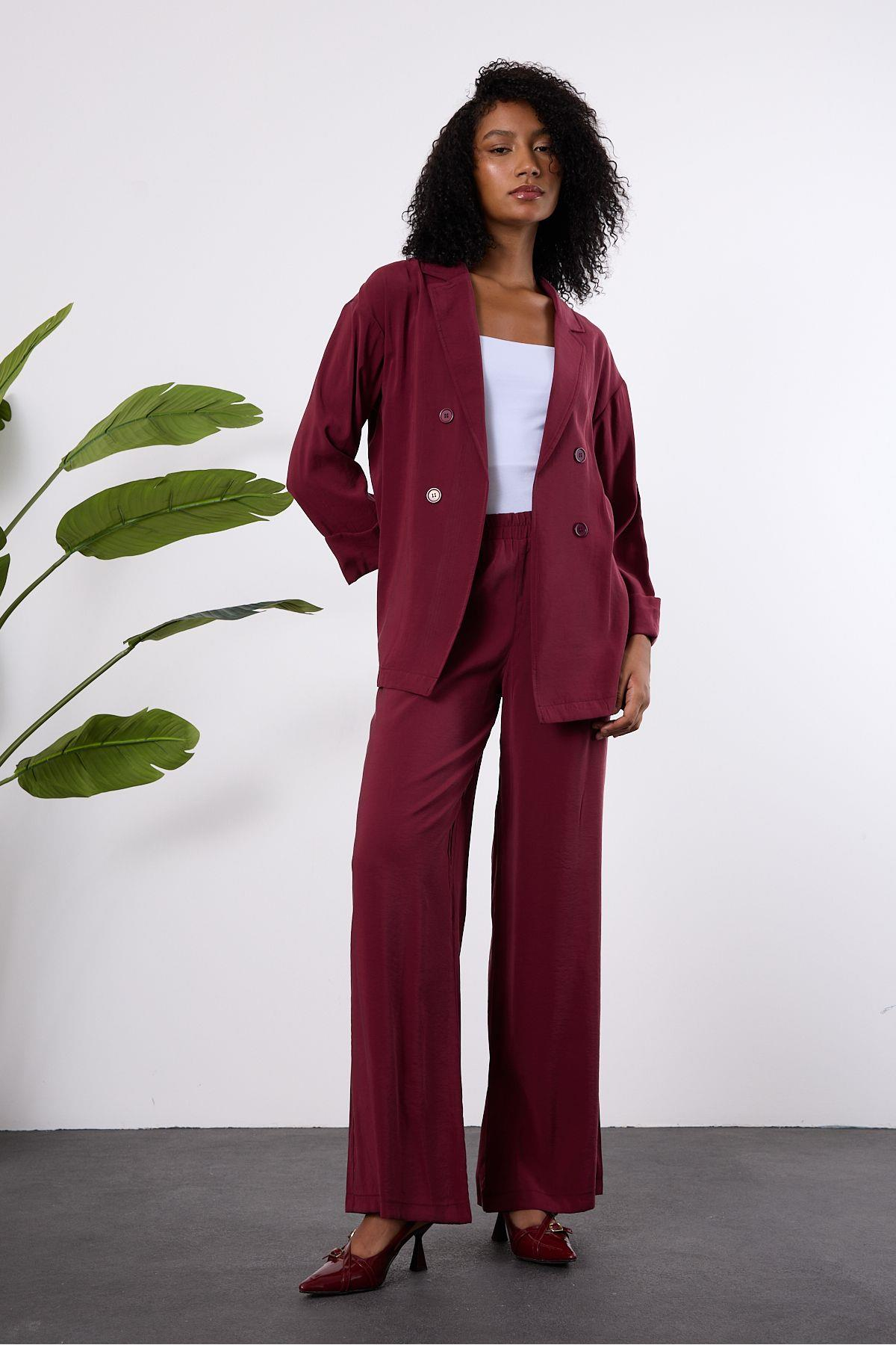 Bordo Regular Beli Lastikli Salaş Pantolon
