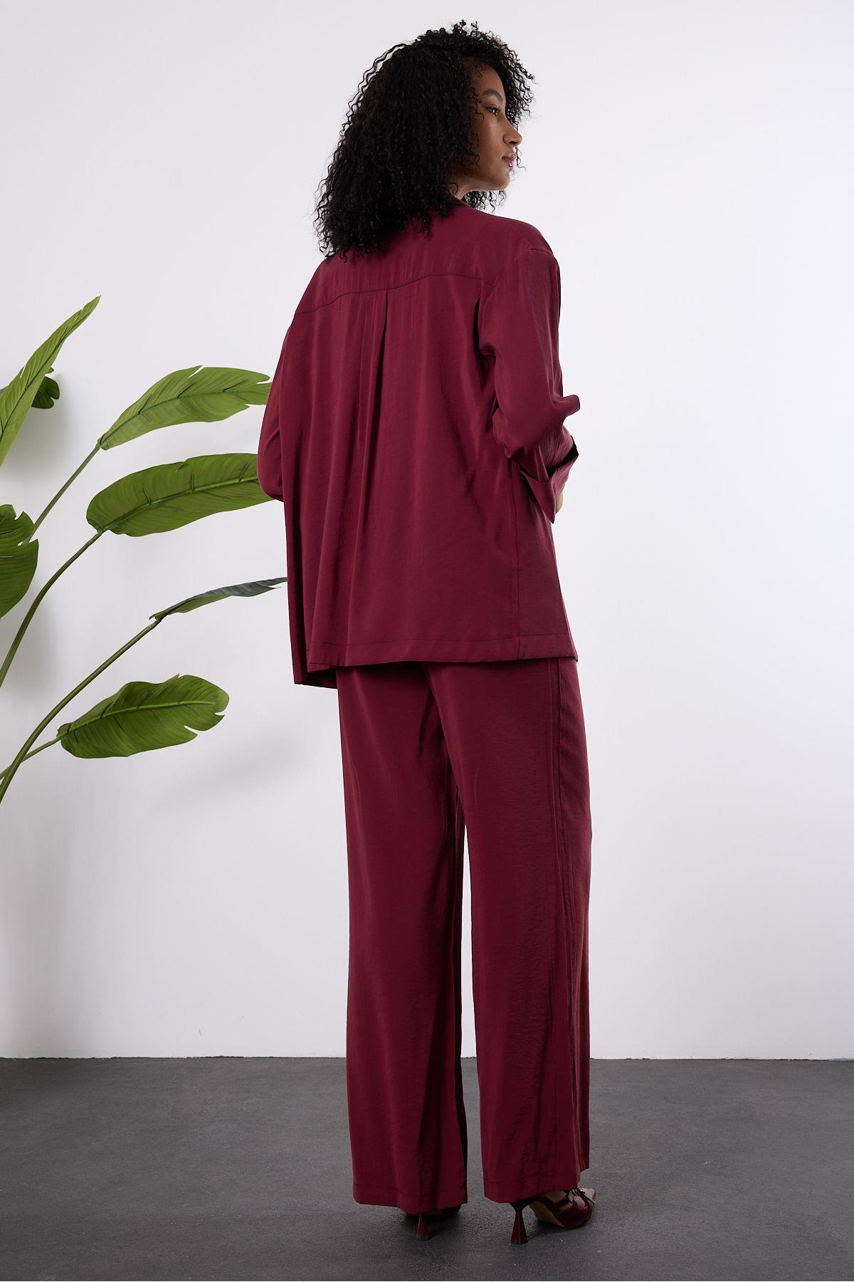 Bordo Regular Beli Lastikli Salaş Pantolon