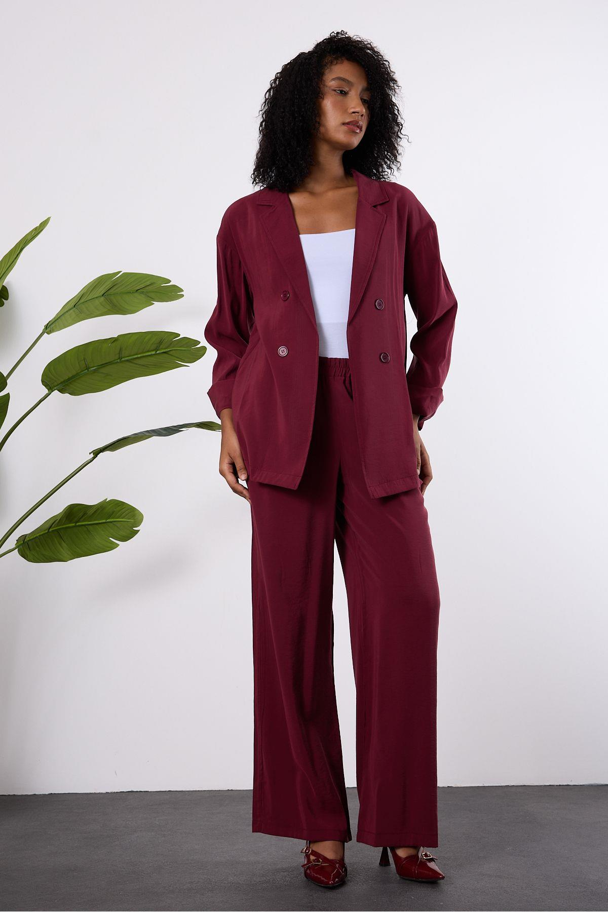 Bordo Regular Beli Lastikli Salaş Pantolon