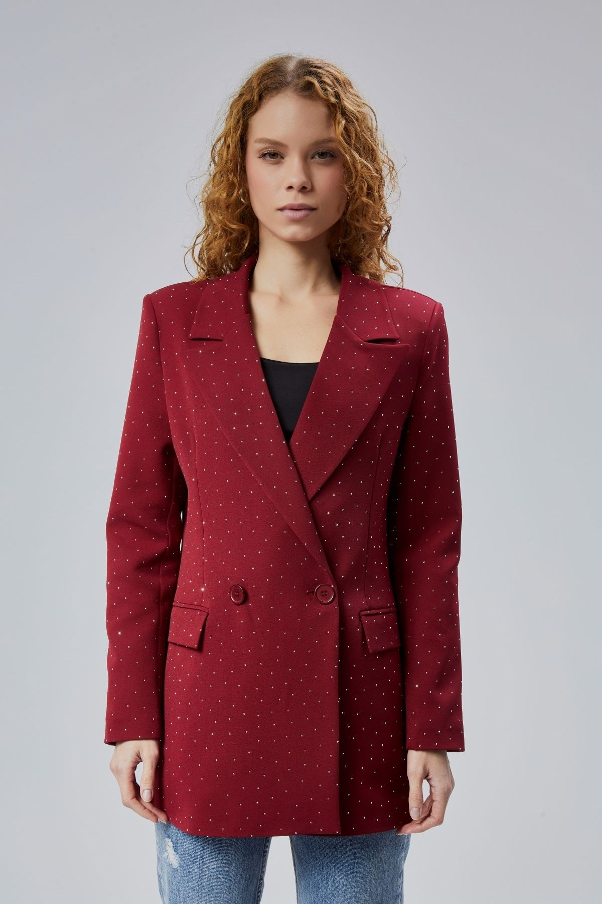 Bordo Regular Dokuma Astarlı Taş Detaylı Blazer Ceket
