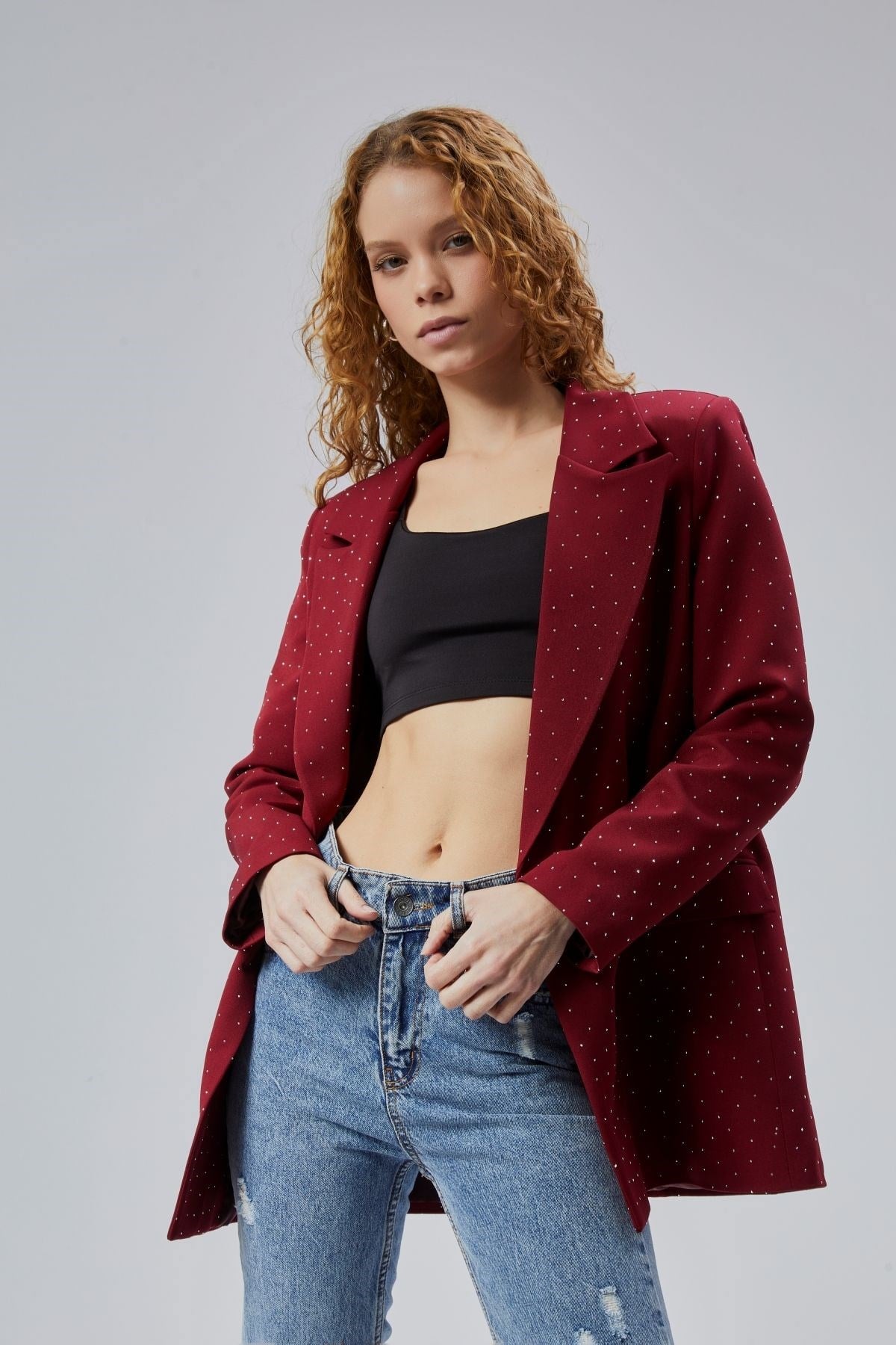 Bordo Regular Dokuma Astarlı Taş Detaylı Blazer Ceket