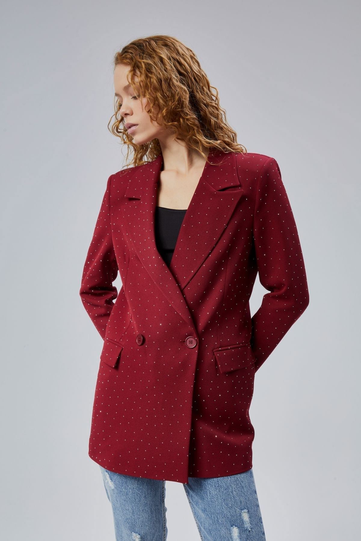 Bordo Regular Dokuma Astarlı Taş Detaylı Blazer Ceket