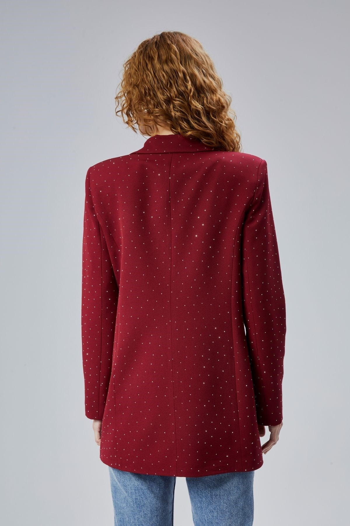 Bordo Regular Dokuma Astarlı Taş Detaylı Blazer Ceket
