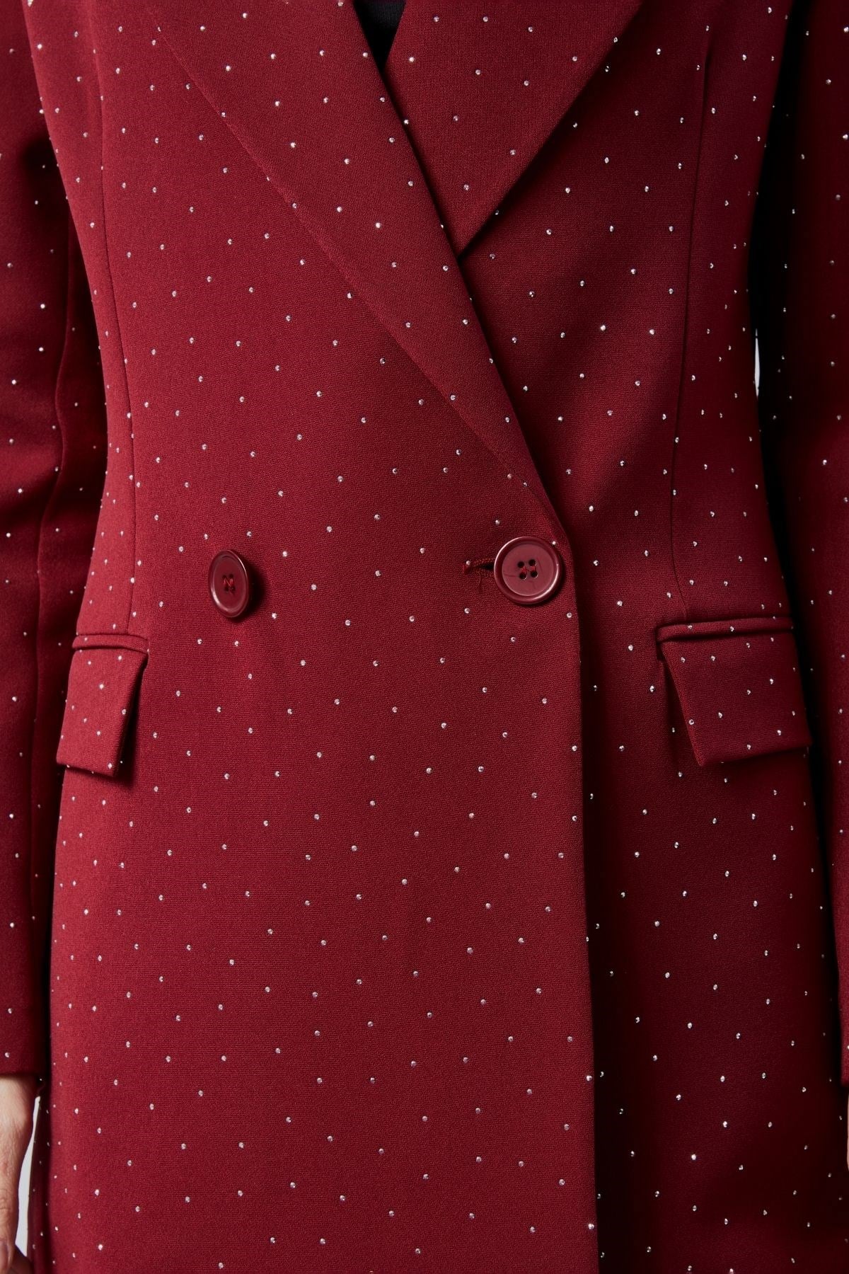 Bordo Regular Dokuma Astarlı Taş Detaylı Blazer Ceket