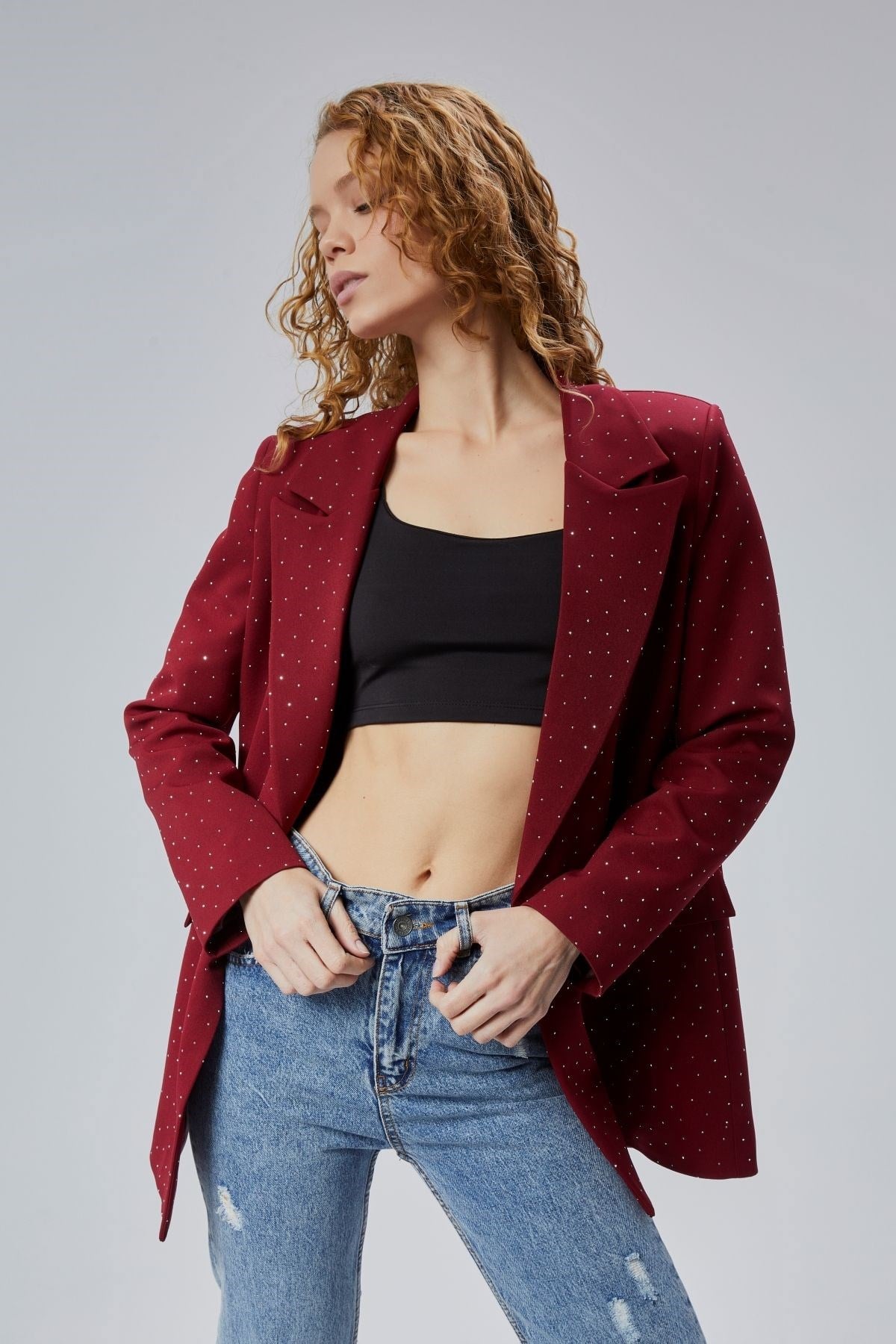 Bordo Regular Dokuma Astarlı Taş Detaylı Blazer Ceket