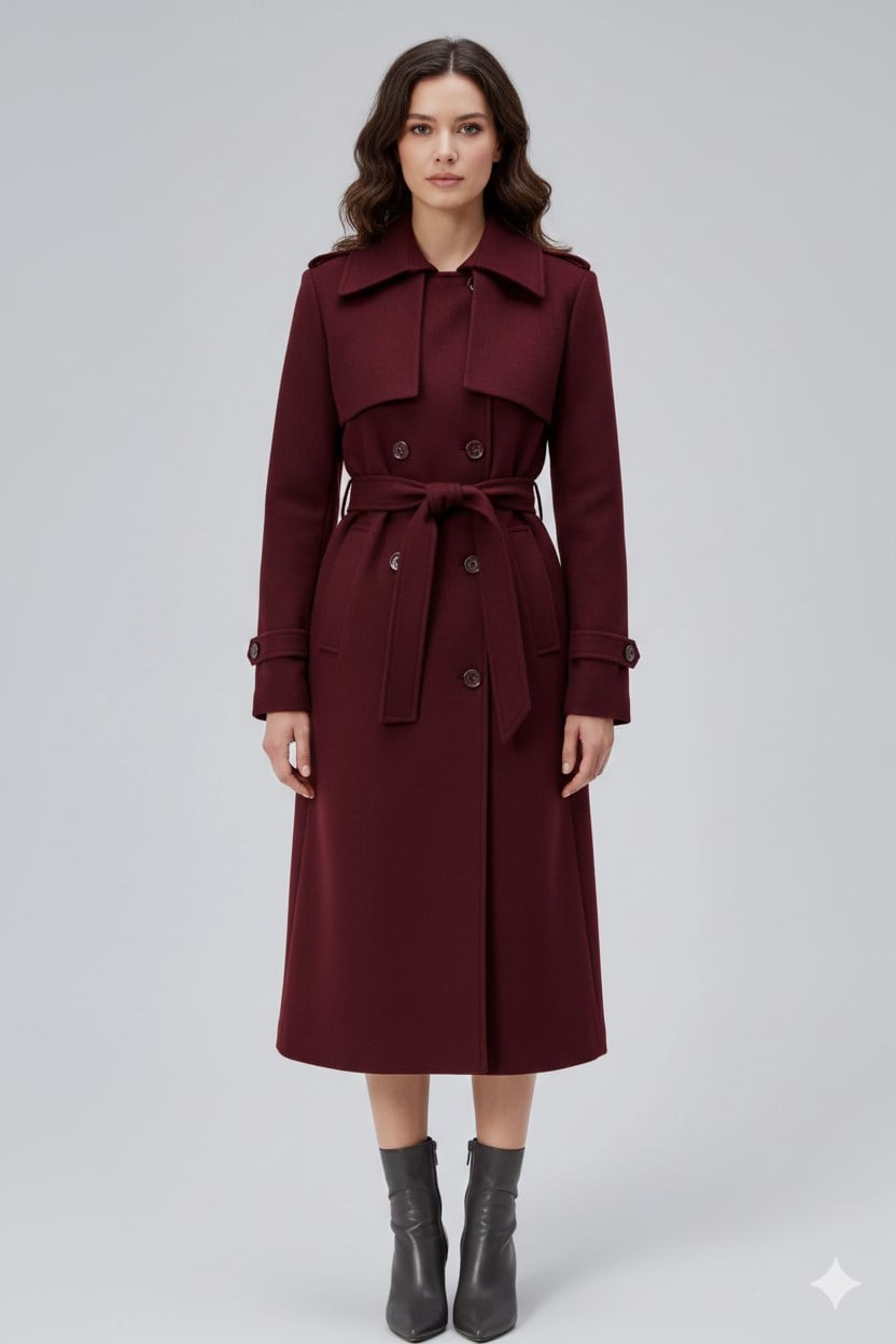 Bordo Regular Rüzgarlık Detaylı Kaşe Kaban
