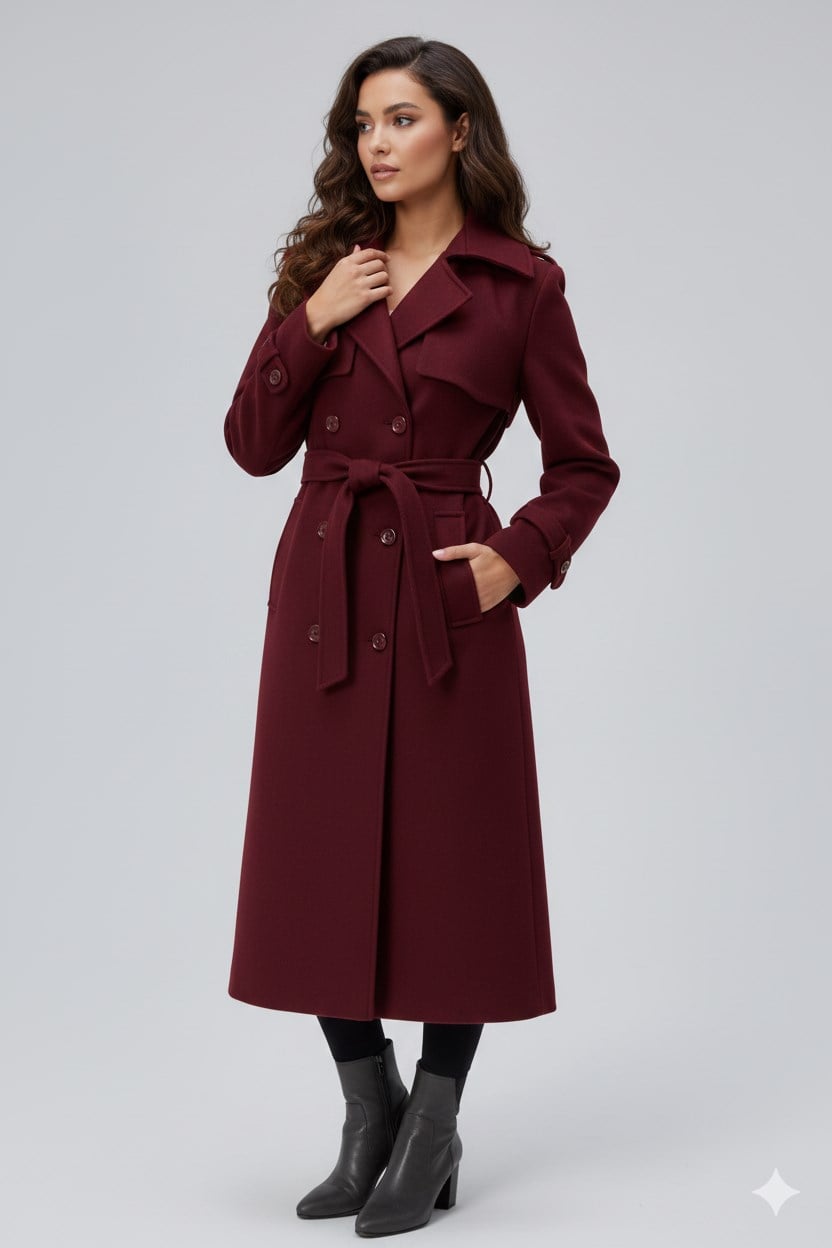Bordo Regular Rüzgarlık Detaylı Kaşe Kaban