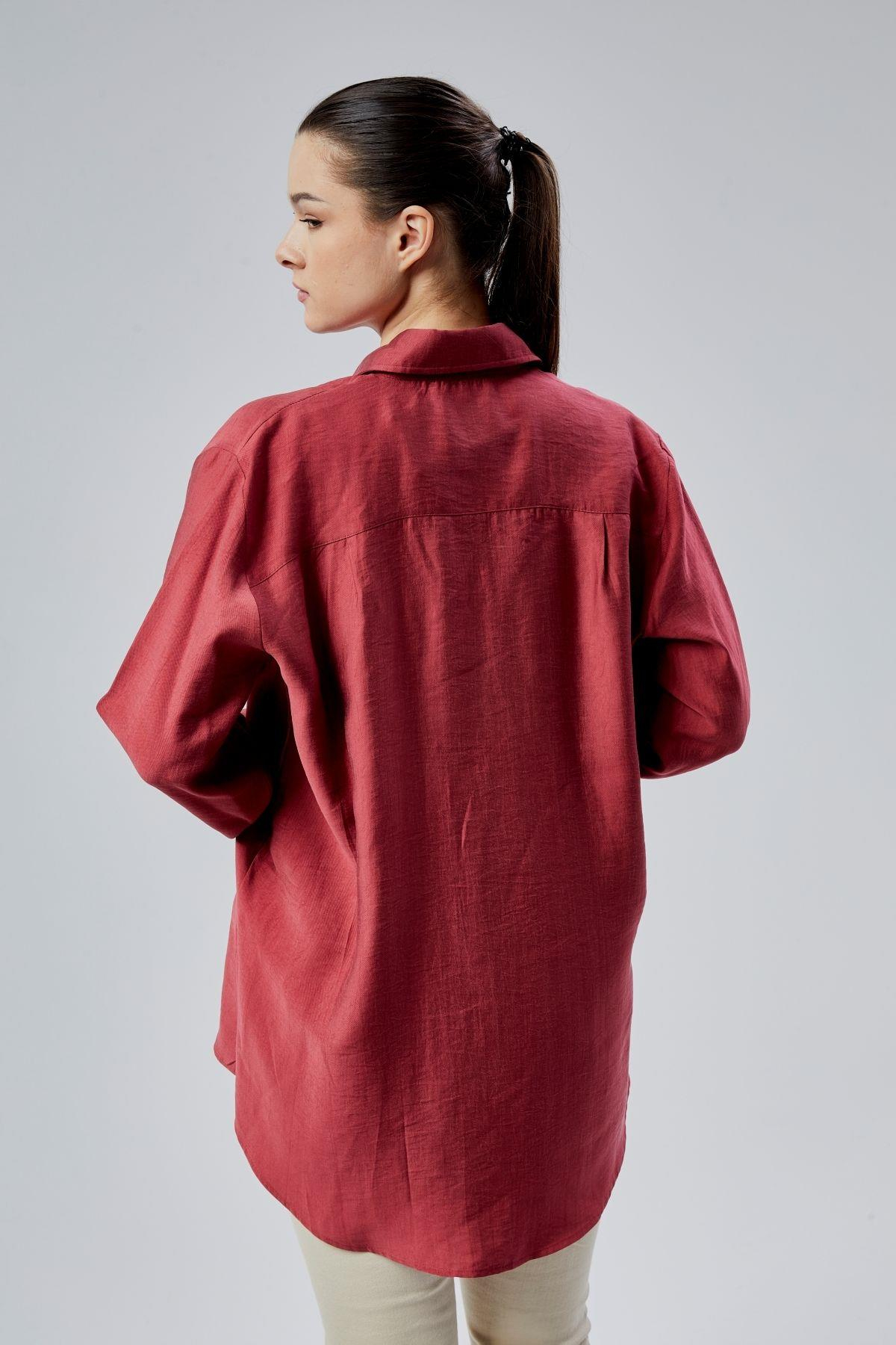 Bordo Yırtmaç Detaylı Oversize Gömlek