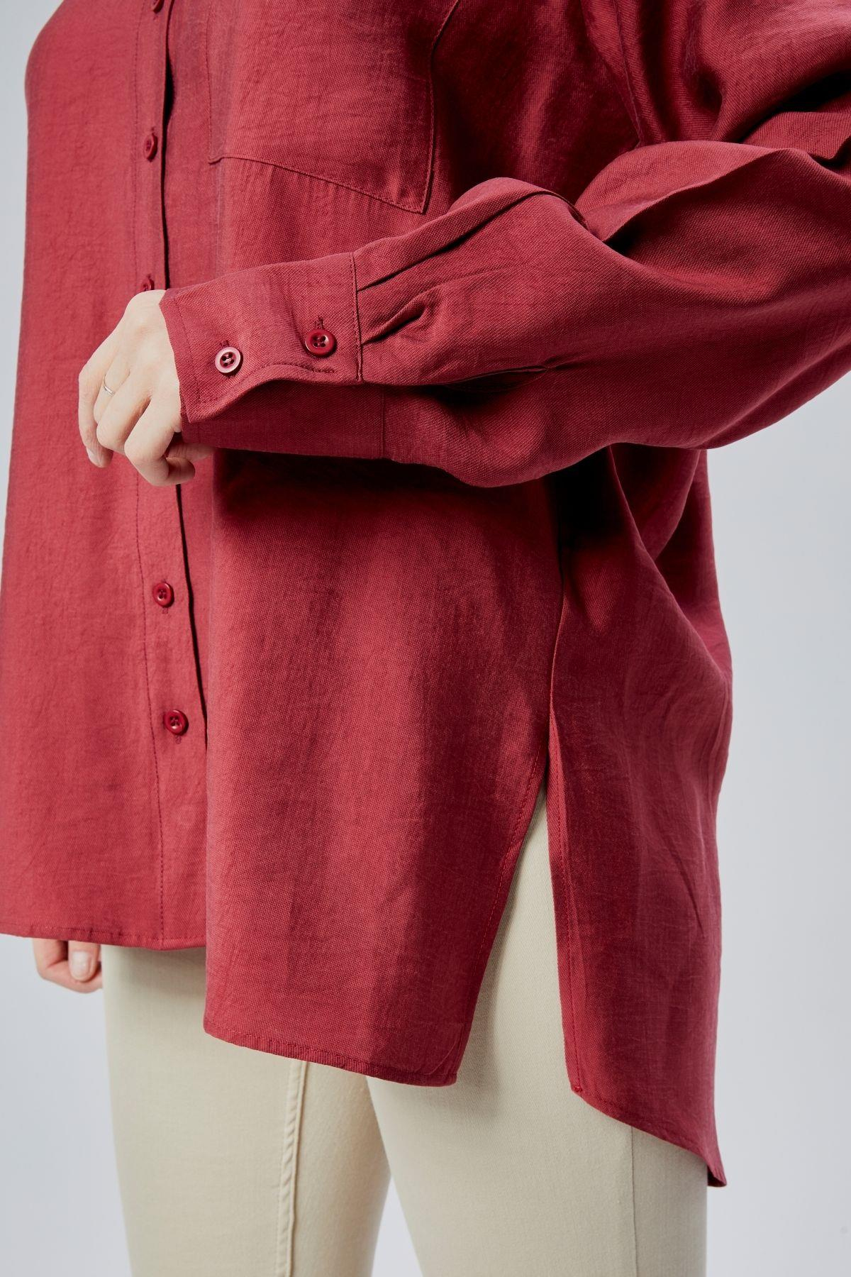 Bordo Yırtmaç Detaylı Oversize Gömlek