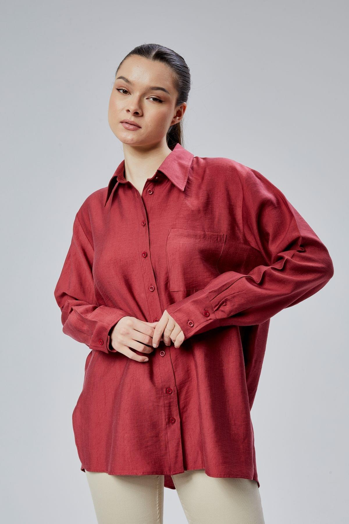 Bordo Yırtmaç Detaylı Oversize Gömlek
