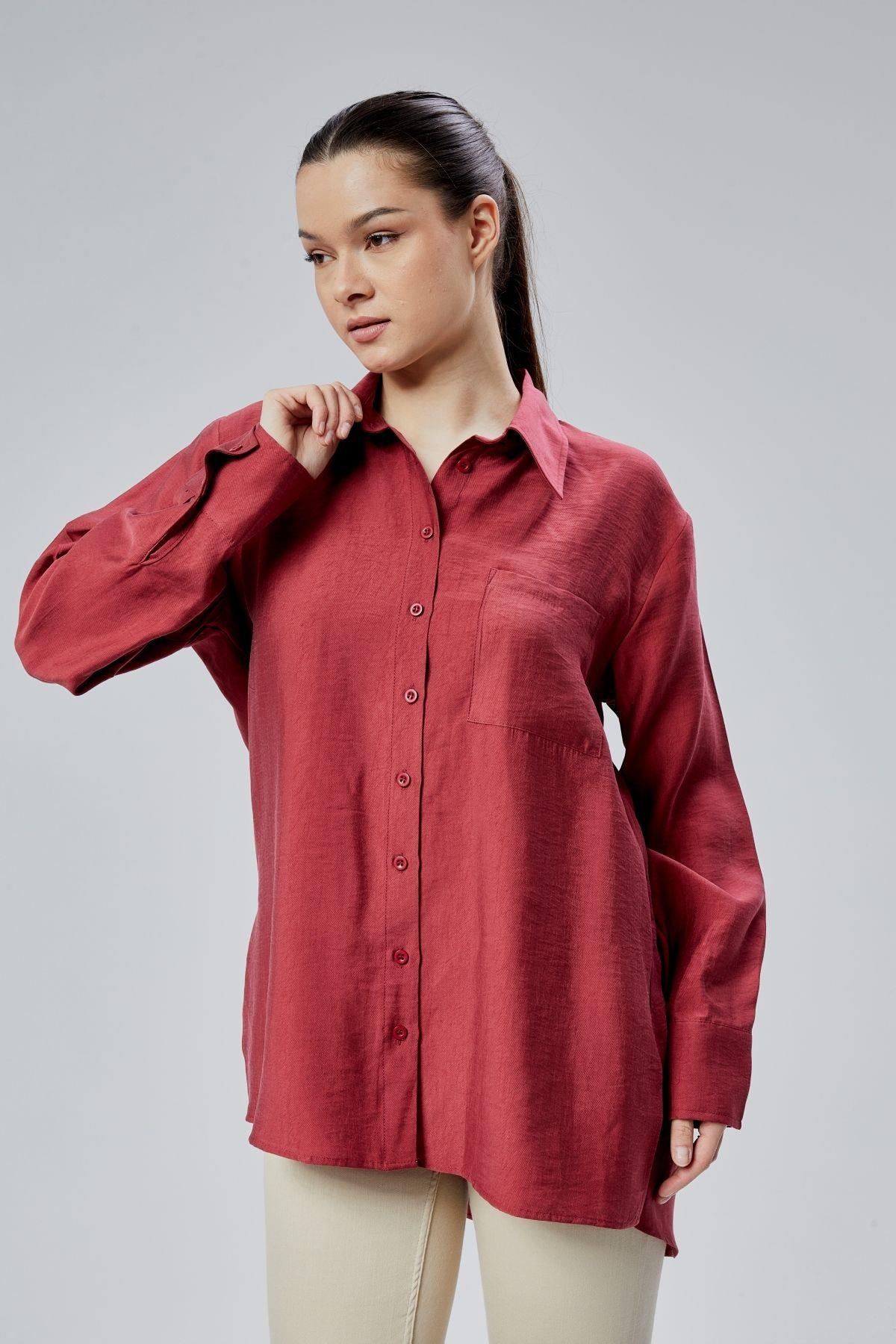 Bordo Yırtmaç Detaylı Oversize Gömlek