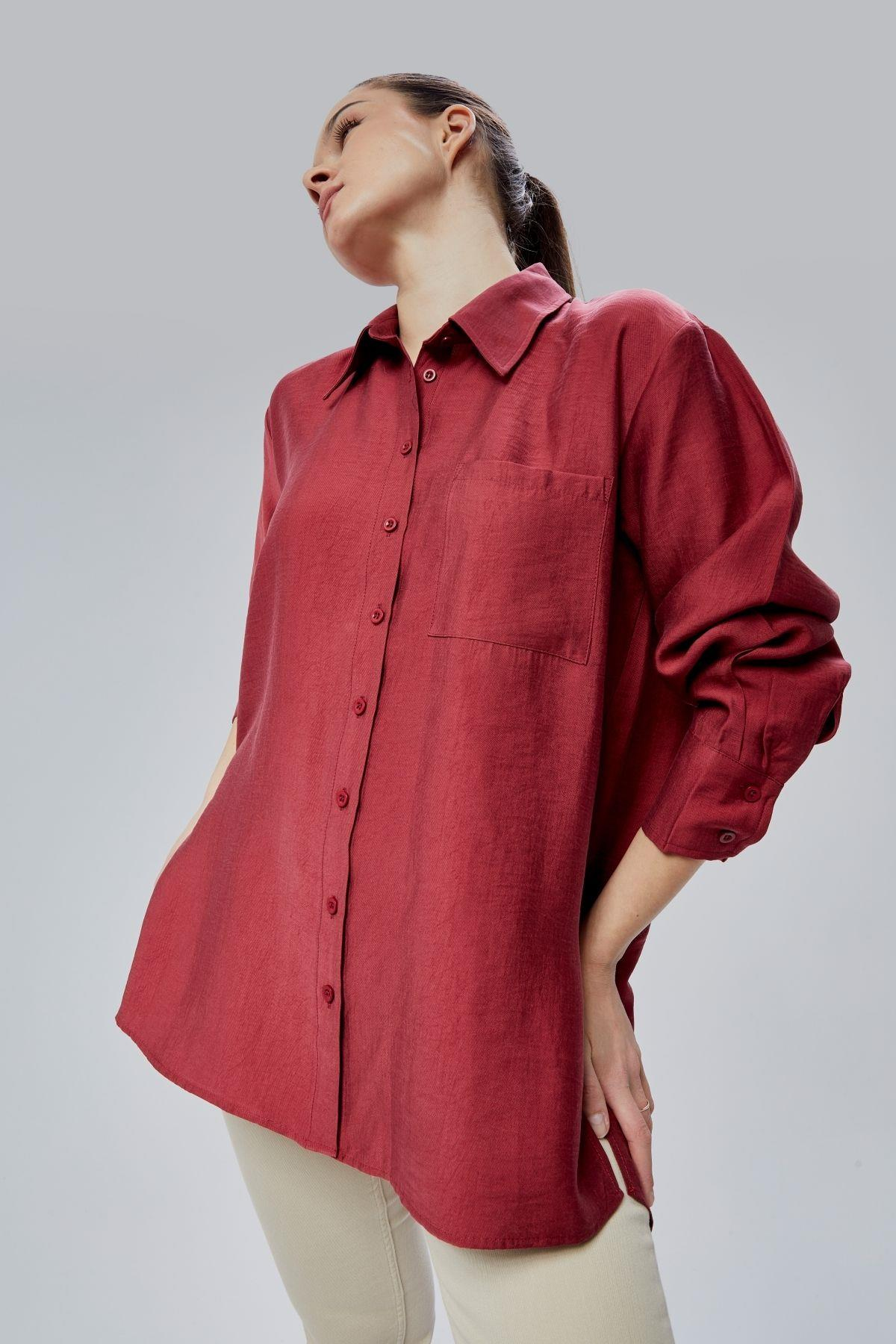 Bordo Yırtmaç Detaylı Oversize Gömlek