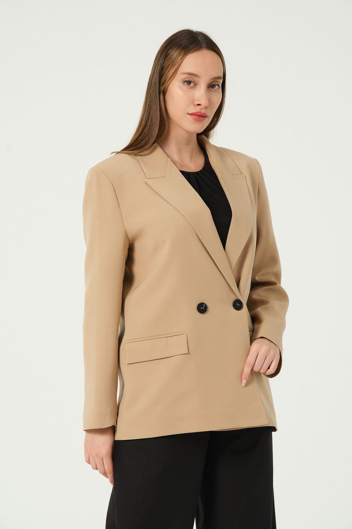Camel Regular Astarlı Dokuma Oversize Blazer Ceket