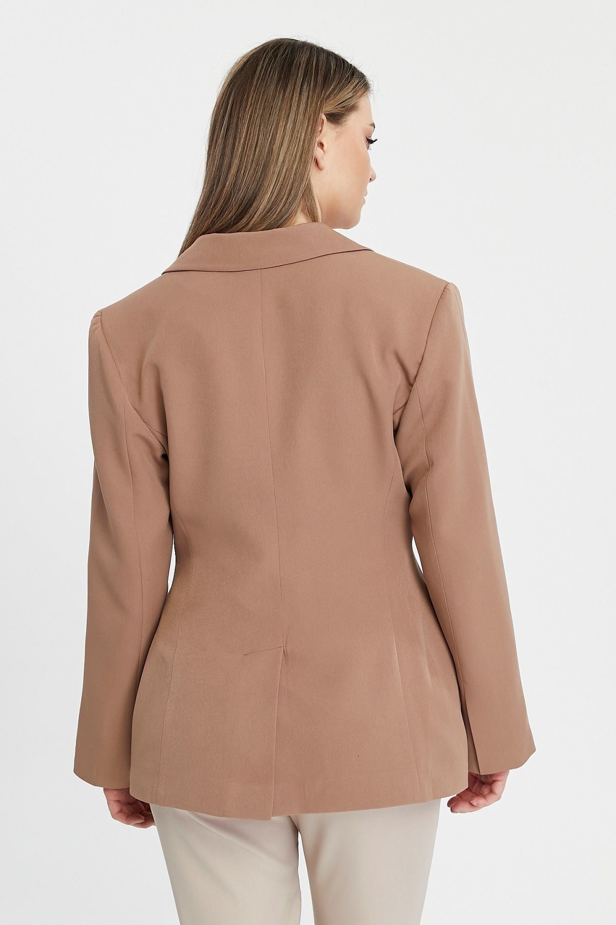 Camel Regular Astarlı Kruvaze Kapama Dokuma Blazer Ceket