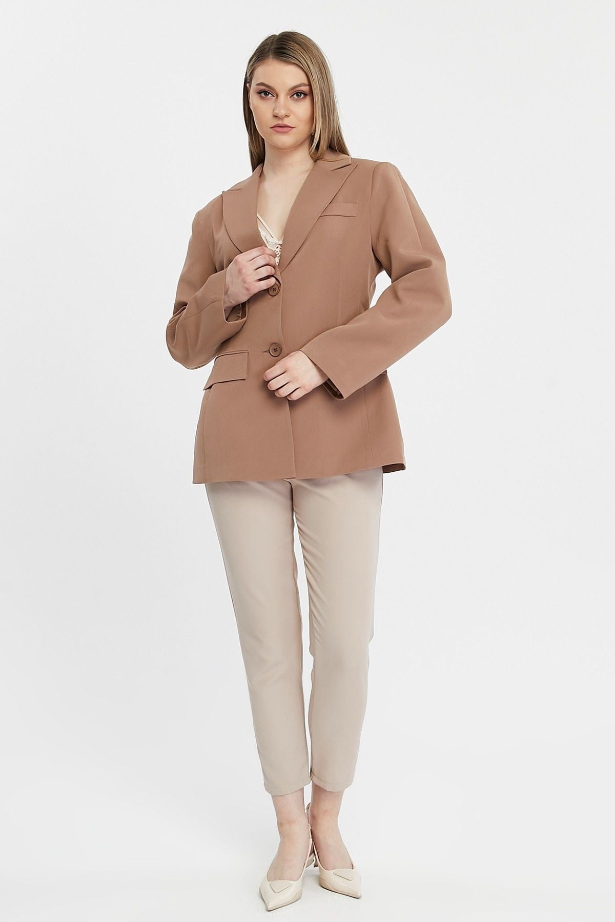 Camel Regular Astarlı Kruvaze Kapama Dokuma Blazer Ceket