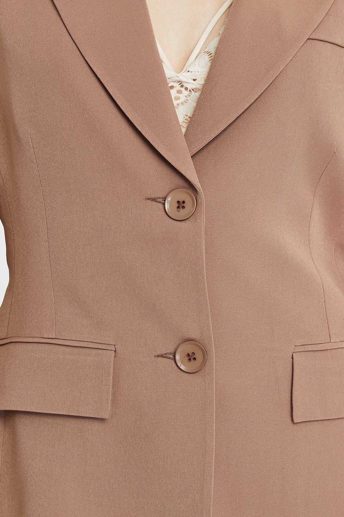 Camel Regular Astarlı Kruvaze Kapama Dokuma Blazer Ceket