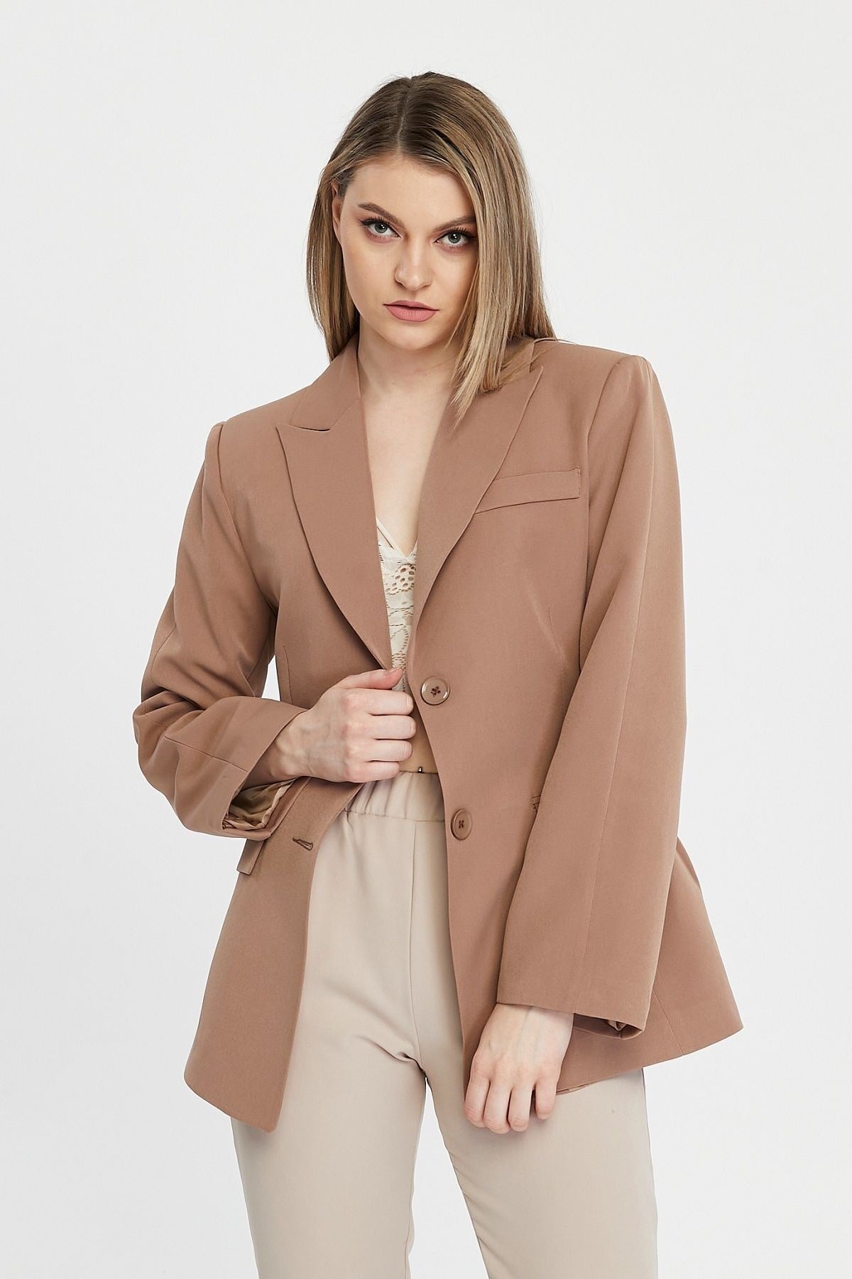 Camel Regular Astarlı Kruvaze Kapama Dokuma Blazer Ceket