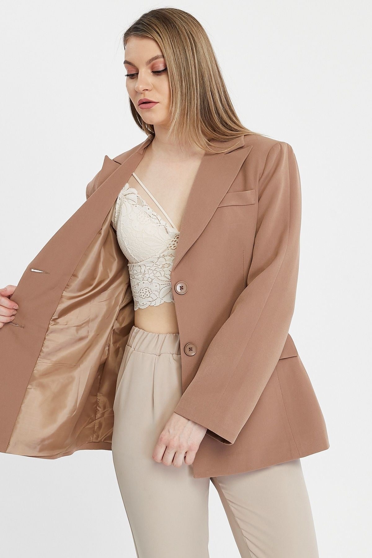 Camel Regular Astarlı Kruvaze Kapama Dokuma Blazer Ceket