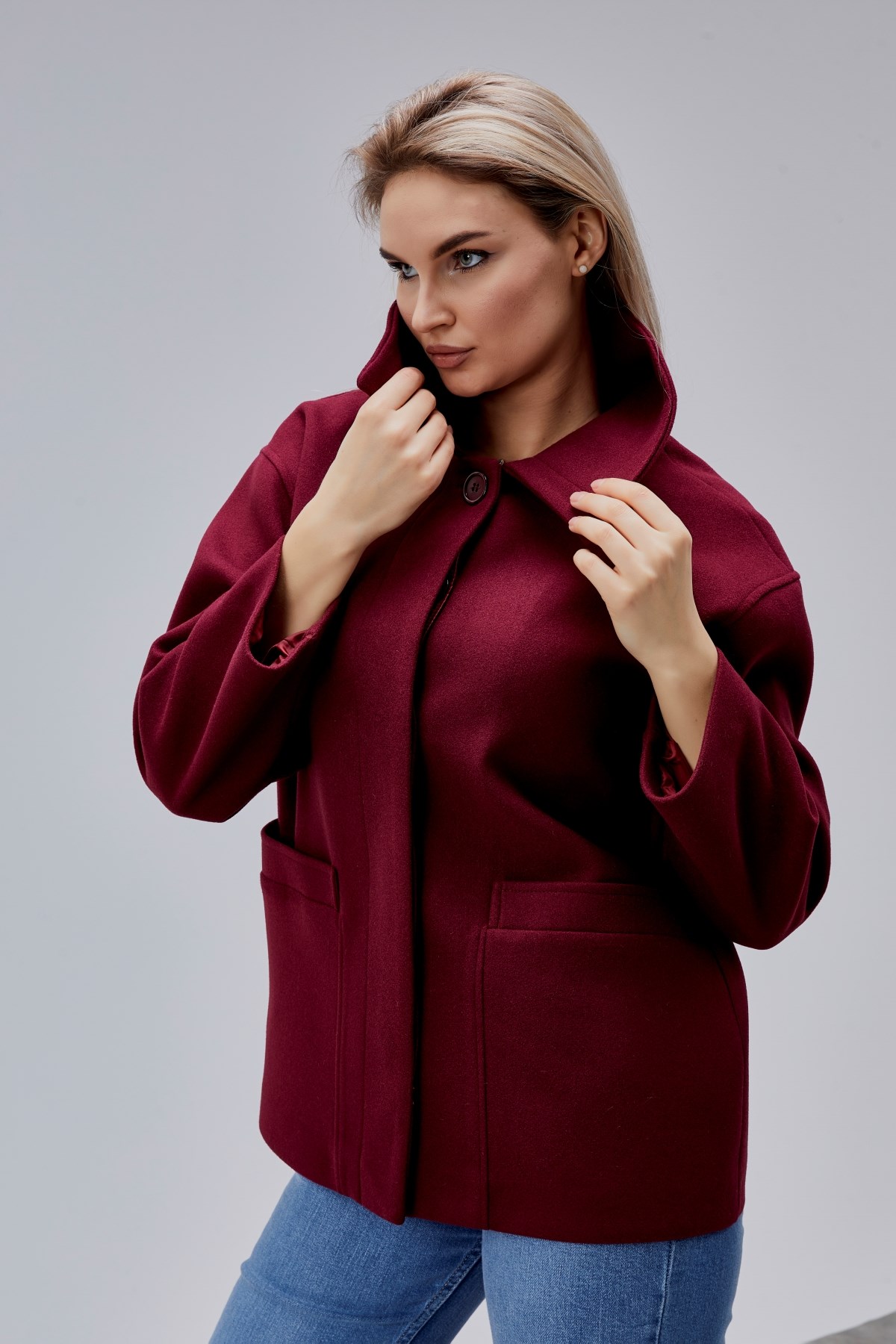 Camille Bordo Oversize Cep Detaylı Astarlı Kaşe Ceket