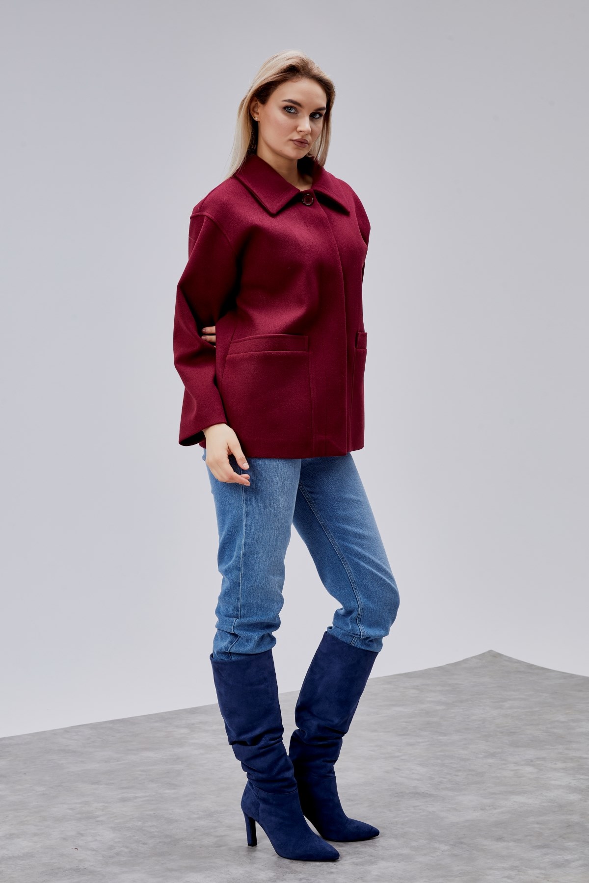 Camille Bordo Oversize Cep Detaylı Astarlı Kaşe Ceket