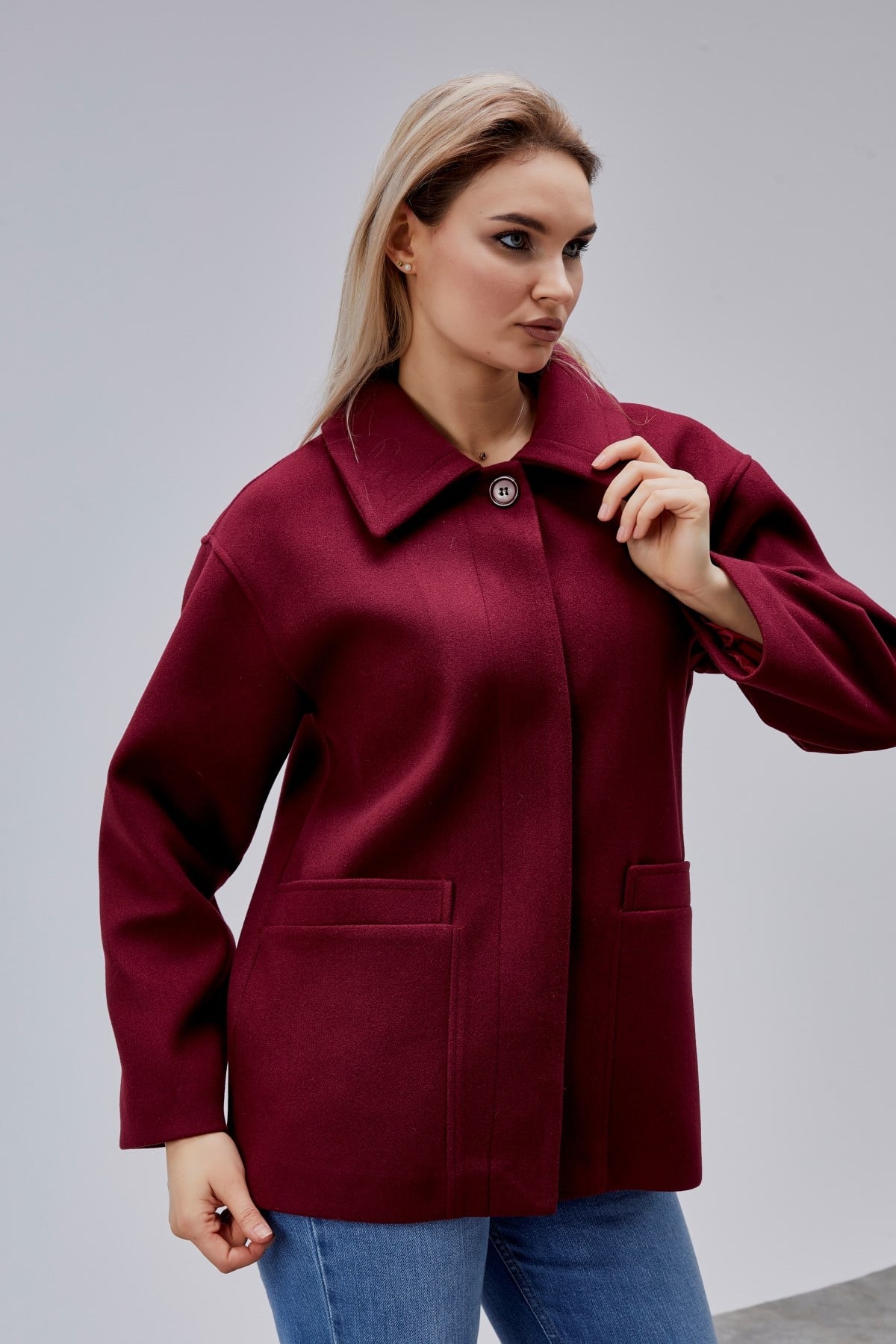 Camille Bordo Oversize Cep Detaylı Astarlı Kaşe Ceket