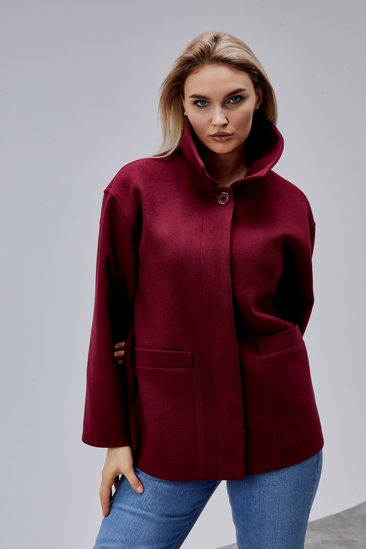 Camille Bordo Oversize Cep Detaylı Astarlı Kaşe Ceket
