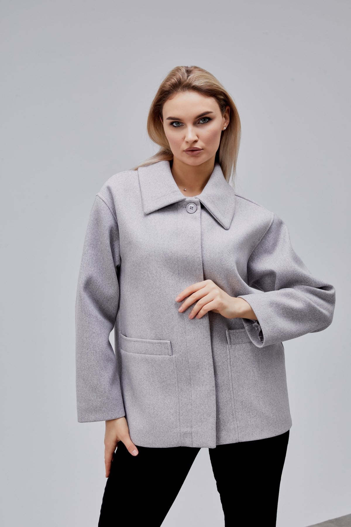 Camille Gri Oversize Cep Detaylı Astarlı Kaşe Ceket