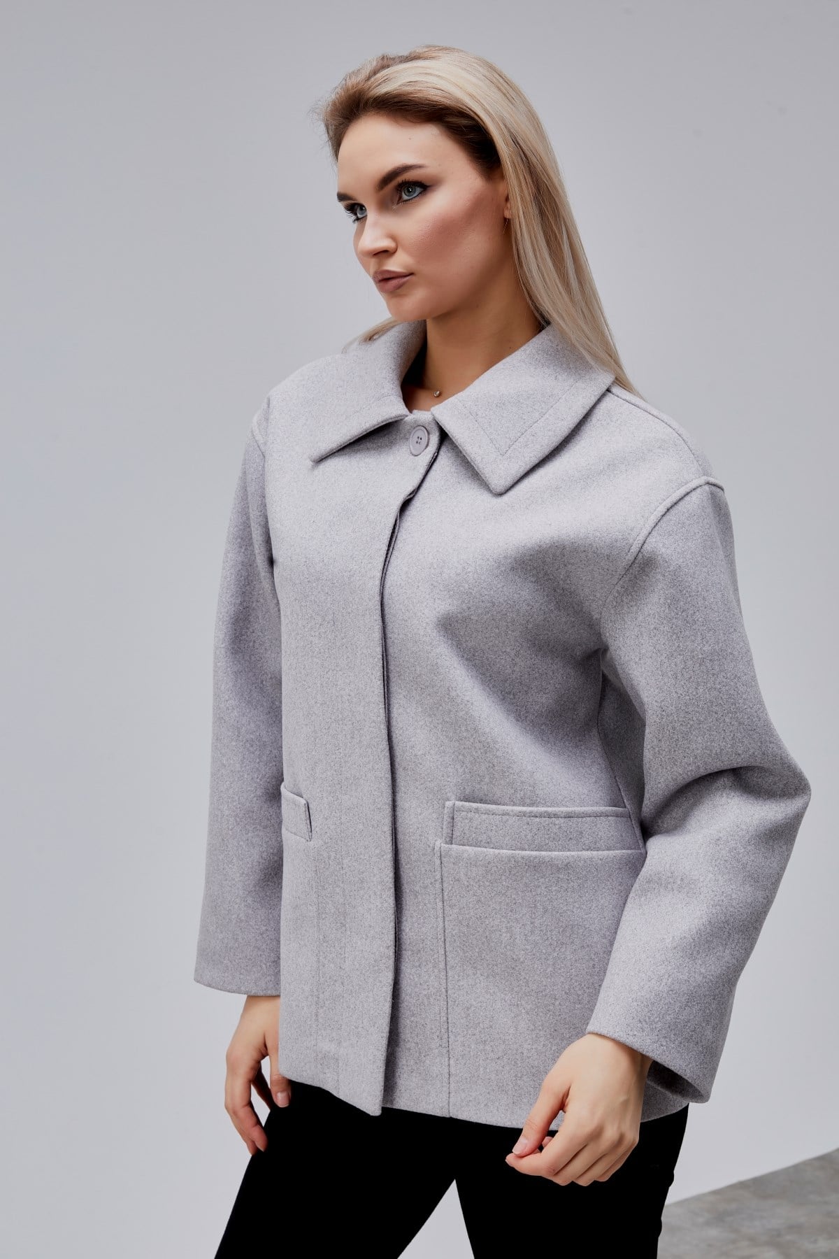 Camille Gri Oversize Cep Detaylı Astarlı Kaşe Ceket
