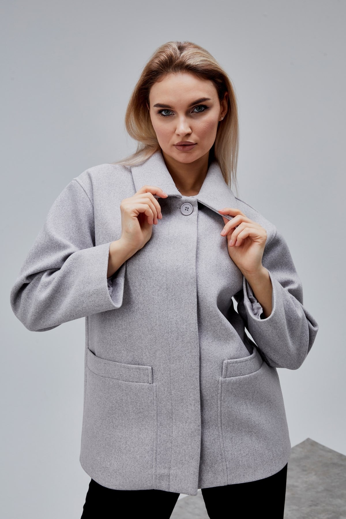 Camille Gri Oversize Cep Detaylı Astarlı Kaşe Ceket