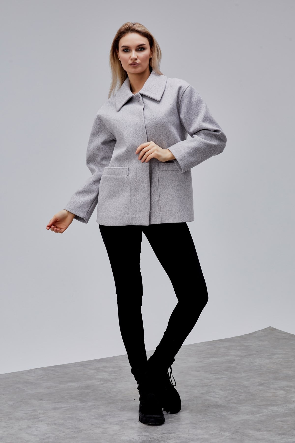 Camille Gri Oversize Cep Detaylı Astarlı Kaşe Ceket