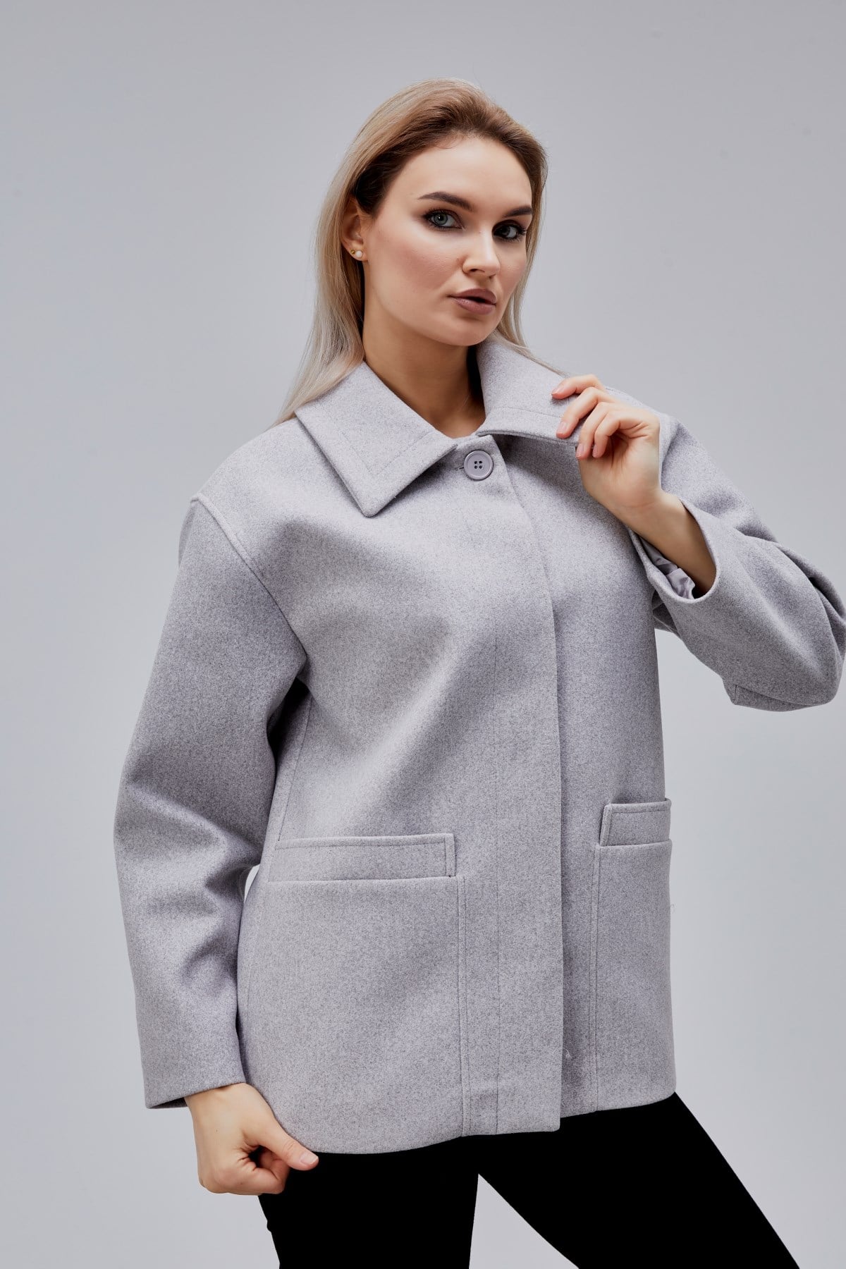 Camille Gri Oversize Cep Detaylı Astarlı Kaşe Ceket
