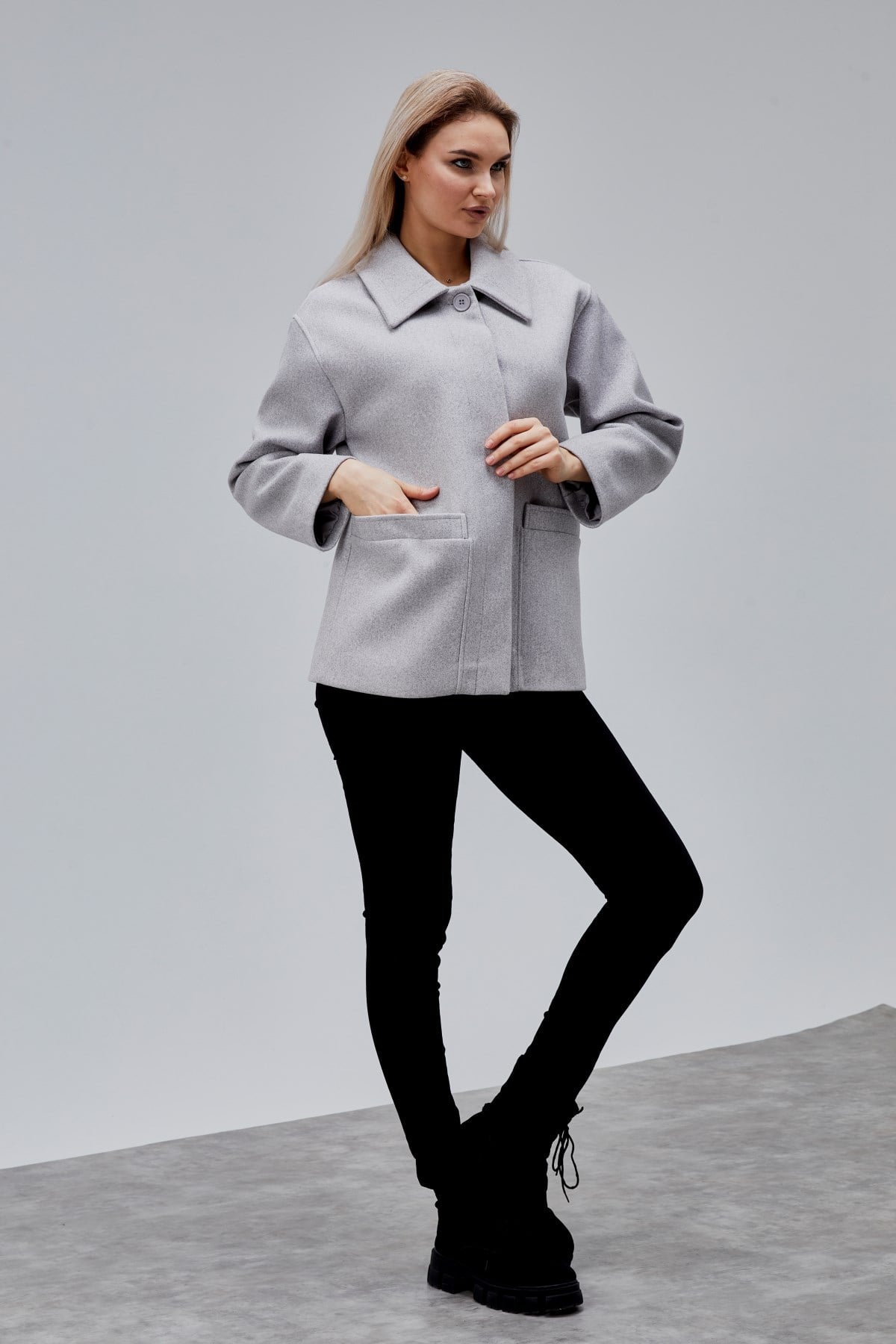 Camille Gri Oversize Cep Detaylı Astarlı Kaşe Ceket