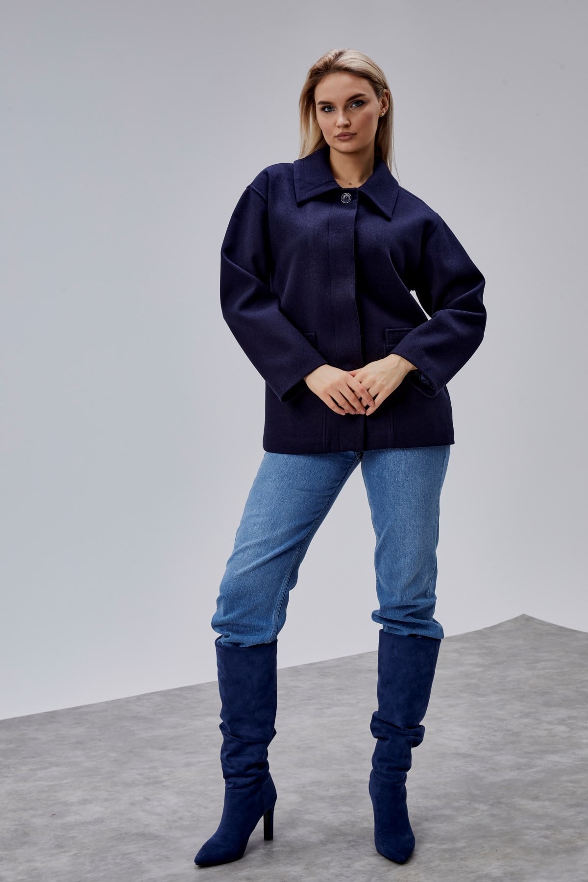 Camille Lacivert Oversize Cep Detaylı Astarlı Kaşe Ceket
