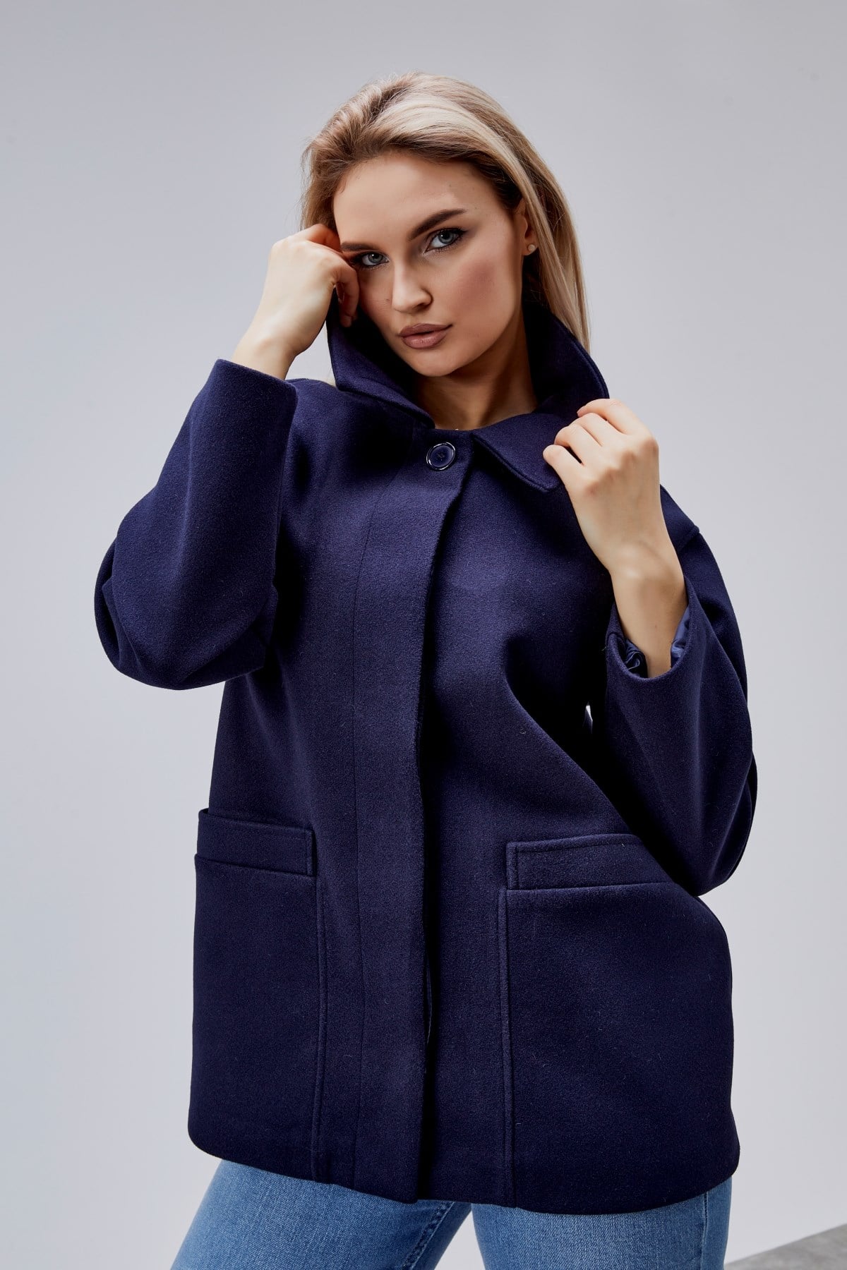 Camille Lacivert Oversize Cep Detaylı Astarlı Kaşe Ceket