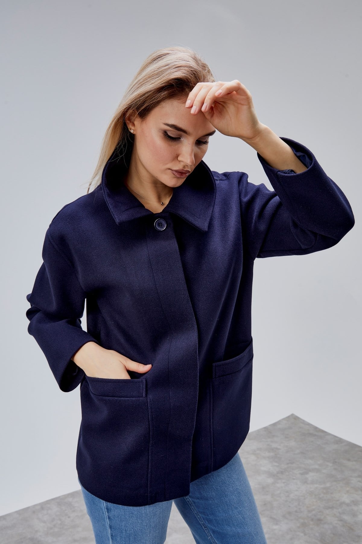 Camille Lacivert Oversize Cep Detaylı Astarlı Kaşe Ceket