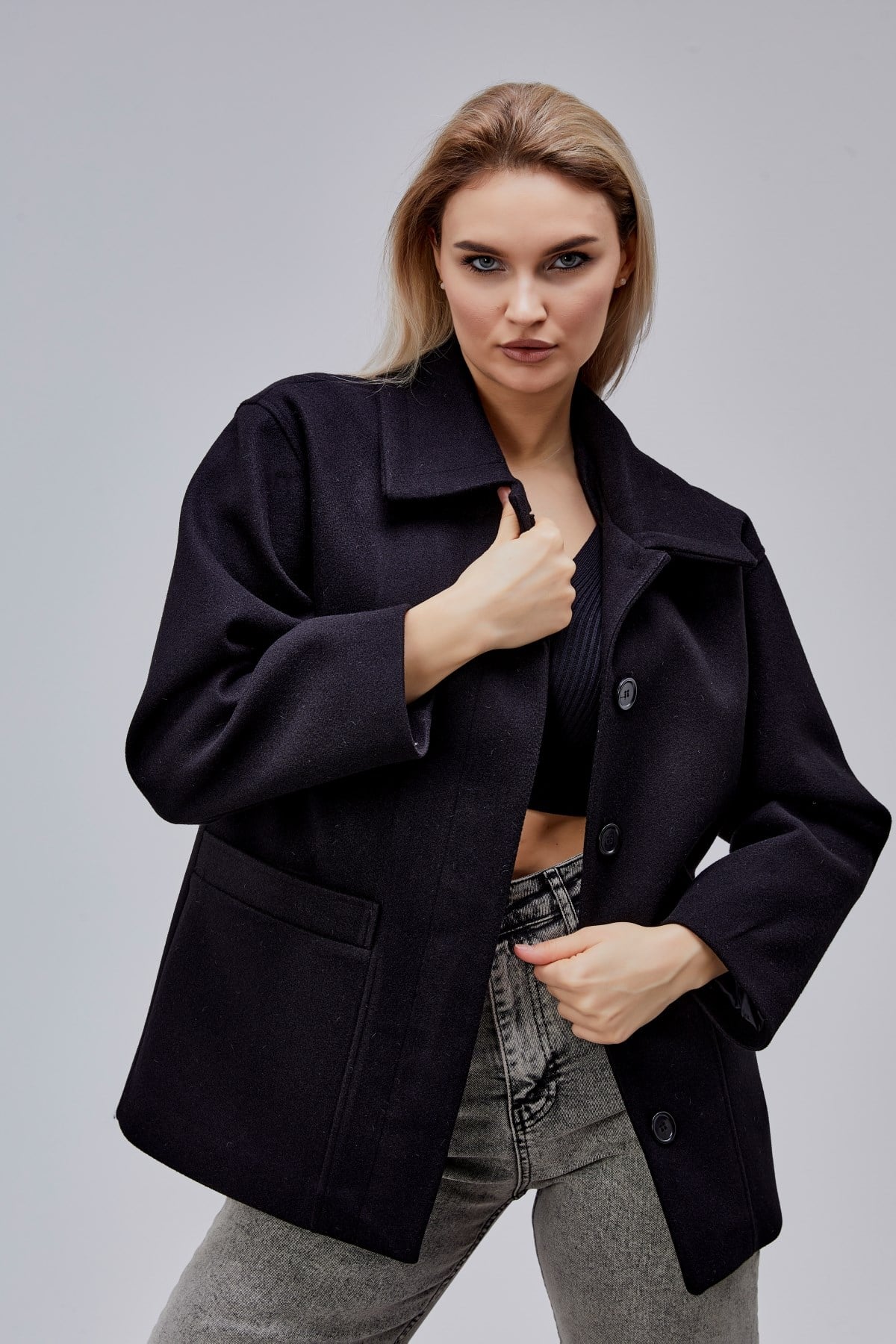 Camille Siyah Oversize Cep Detaylı Astarlı Kaşe Ceket