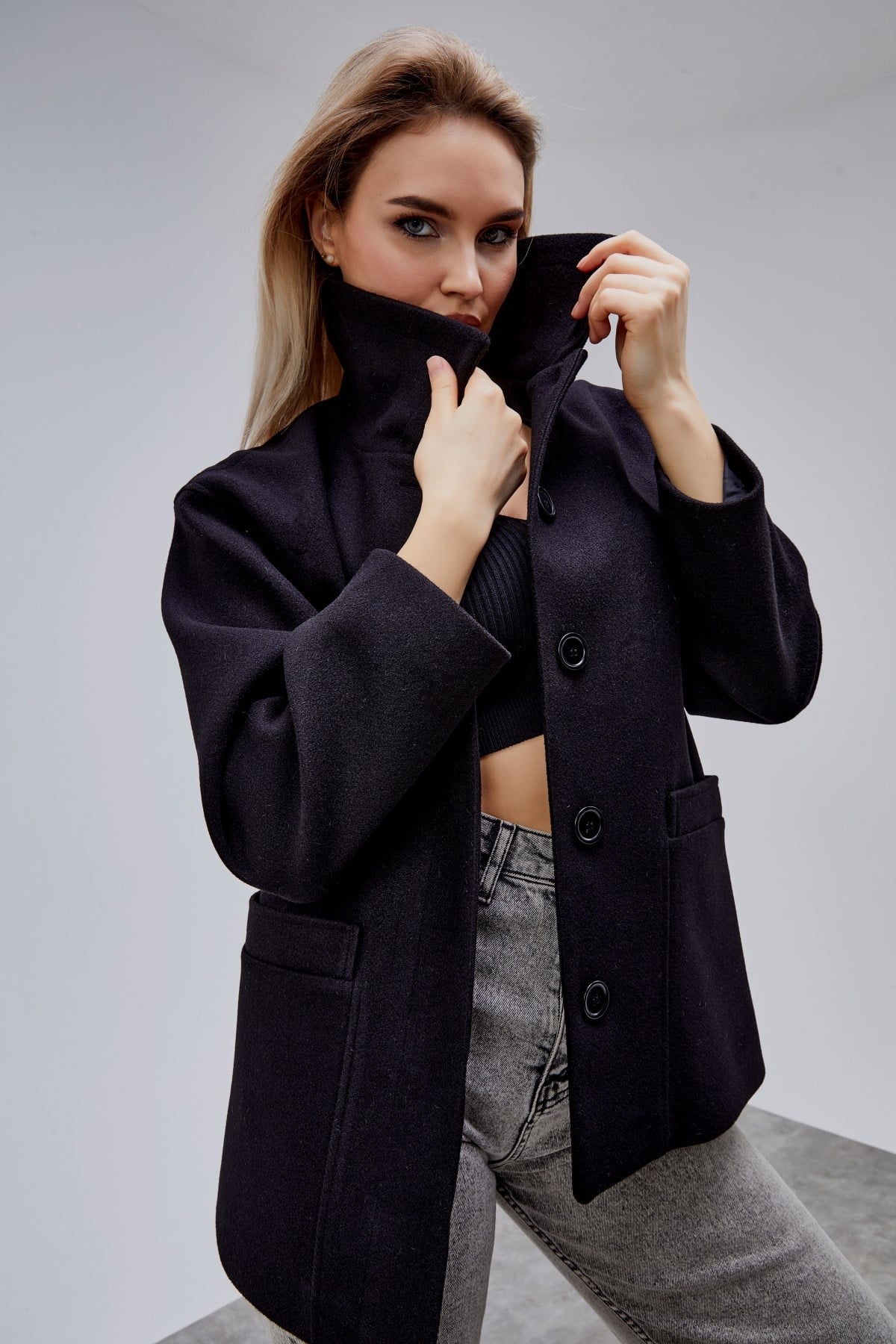 Camille Siyah Oversize Cep Detaylı Astarlı Kaşe Ceket