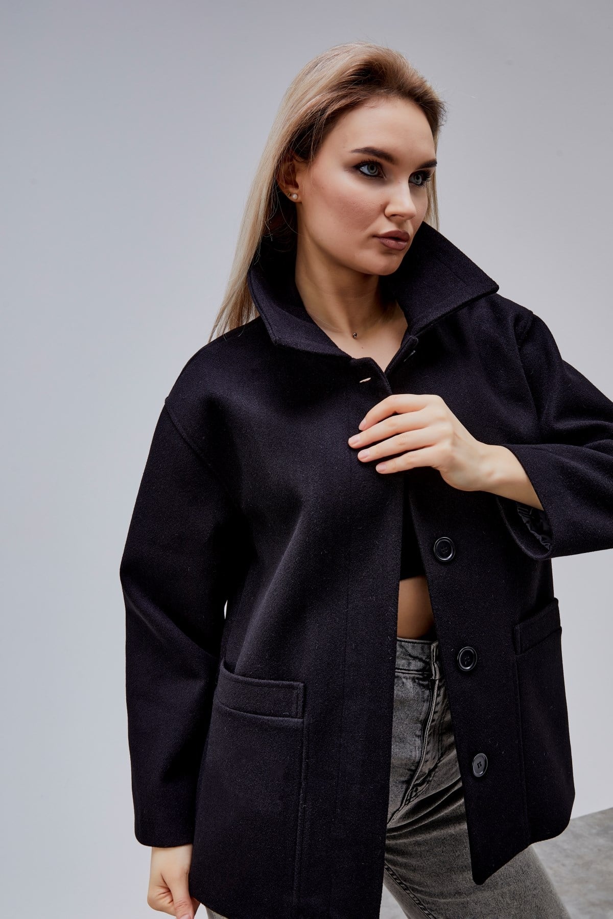 Camille Siyah Oversize Cep Detaylı Astarlı Kaşe Ceket